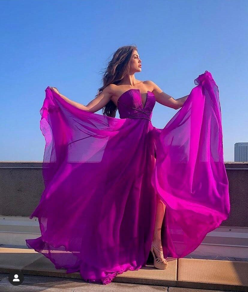 Prom Dress A Line Beaded Slit Prom Long Formal Dress Purple