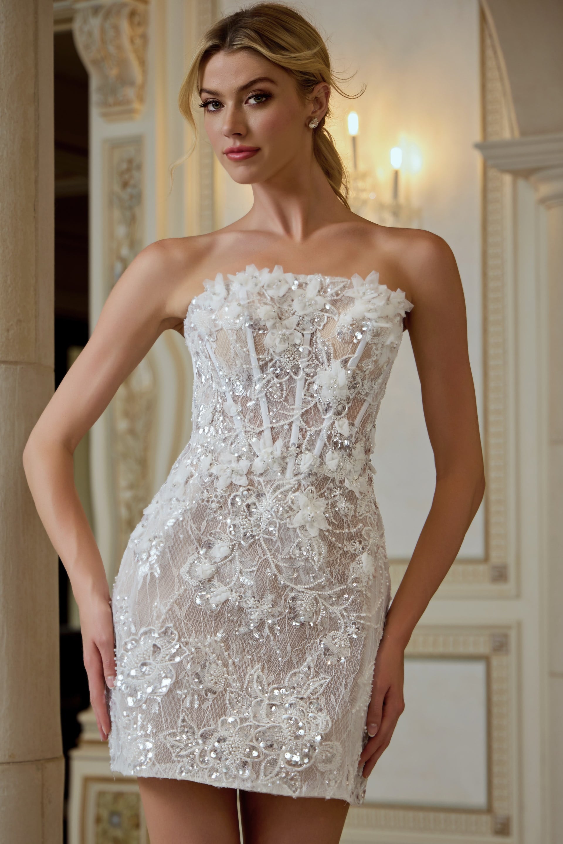 Off White Strapless Mini Lace Homecoming Corset Dress Jovani 45853