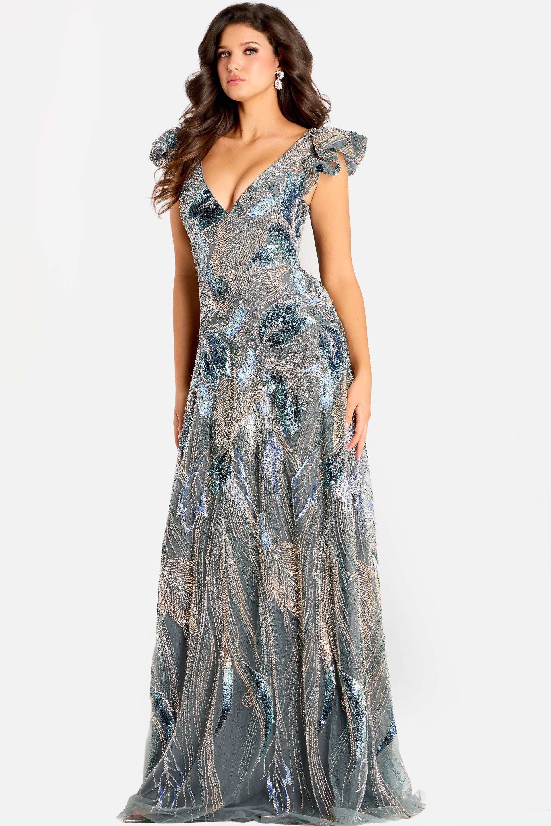 Formal Dresses Ruffle Long Formal Sequin Evening Dress Jovani 45942 Grey