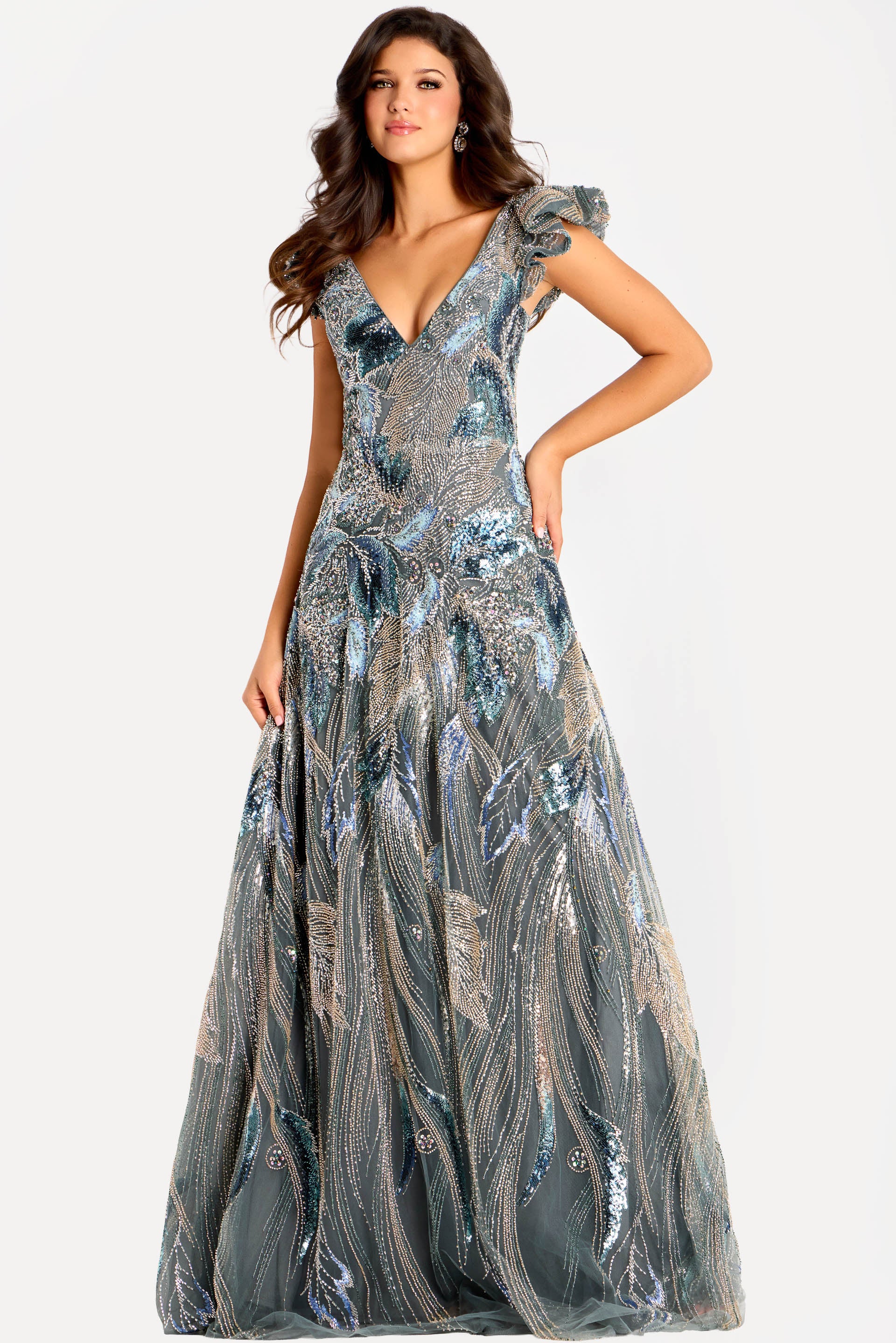 Formal Dresses Ruffle Long Formal Sequin Evening Dress Jovani 45942 Grey