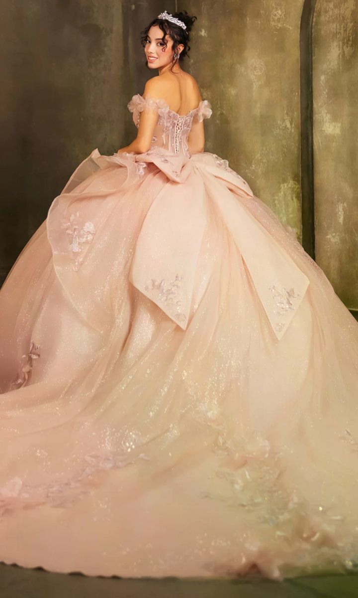 Off-the-Shoulder Floor-Length with Train Tulle Quinceañera Ball Gown May Queen LK270
