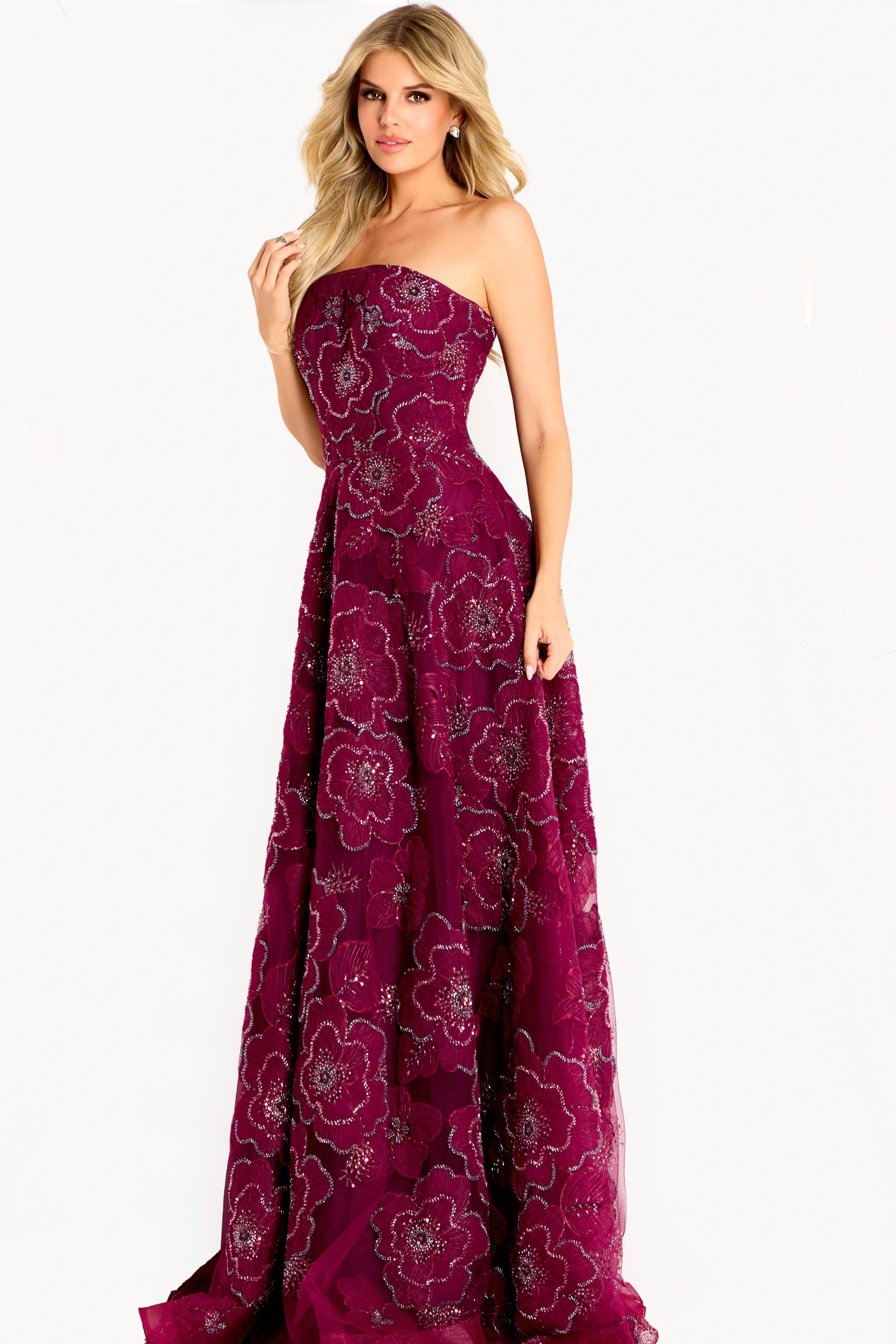 Prom Dresses A Line Long Formal Floral Applique Prom Dress Jovani 46033 Burgundy