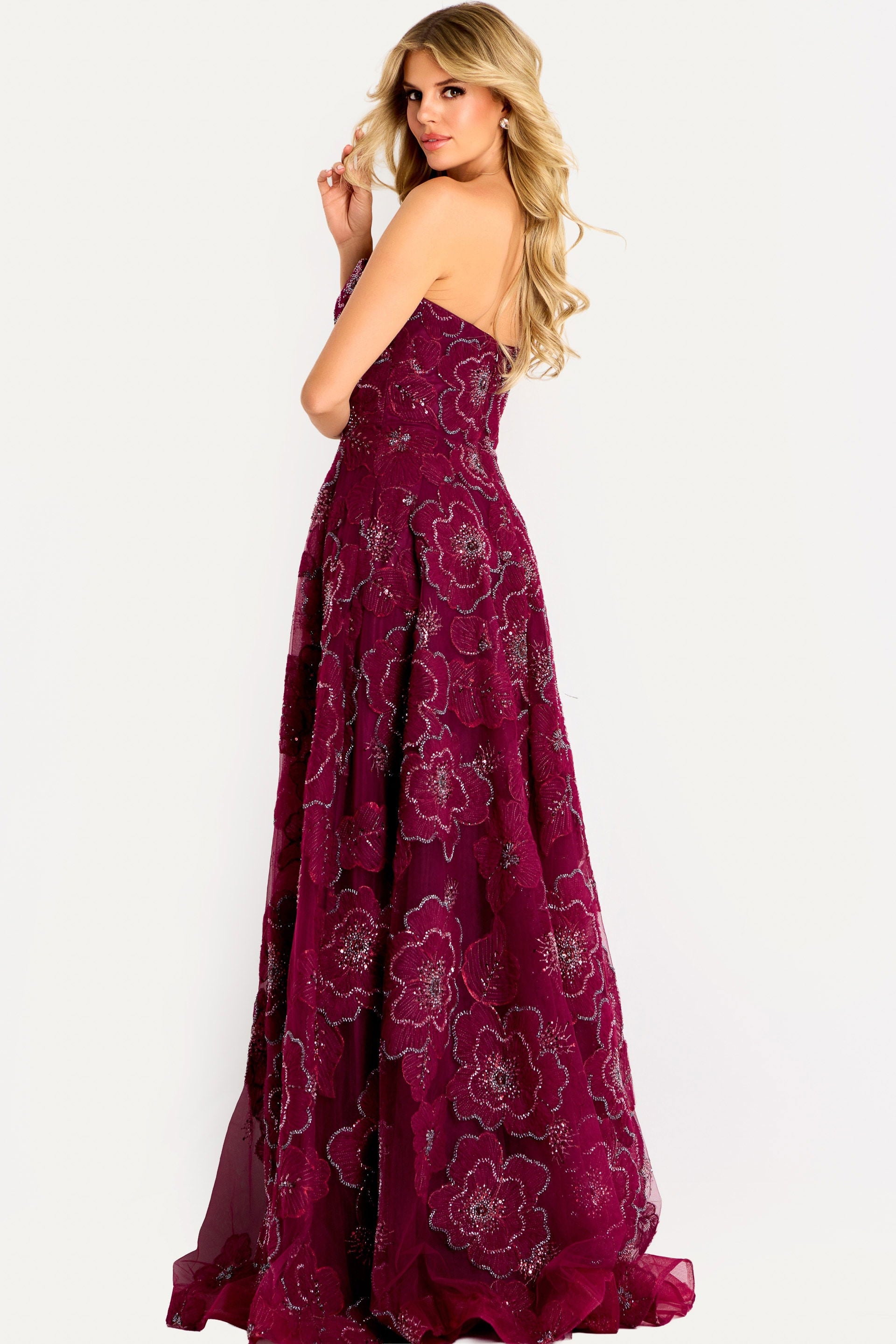 Prom Dresses A Line Long Formal Floral Applique Prom Dress Jovani 46033 Burgundy