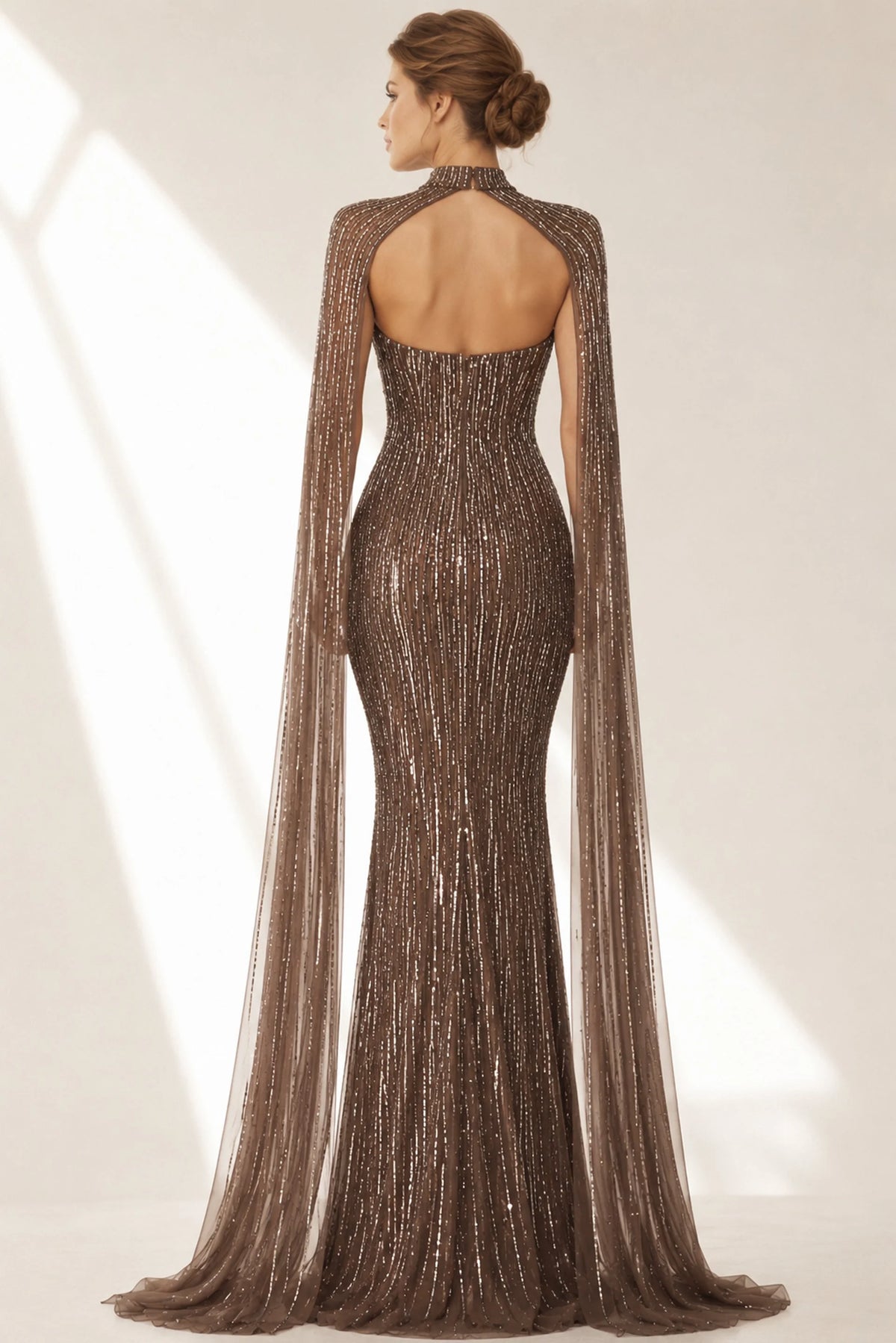 Dark Taupe High-Neck Floor-Length Sequin Evening Gown Cape Jovani 46060