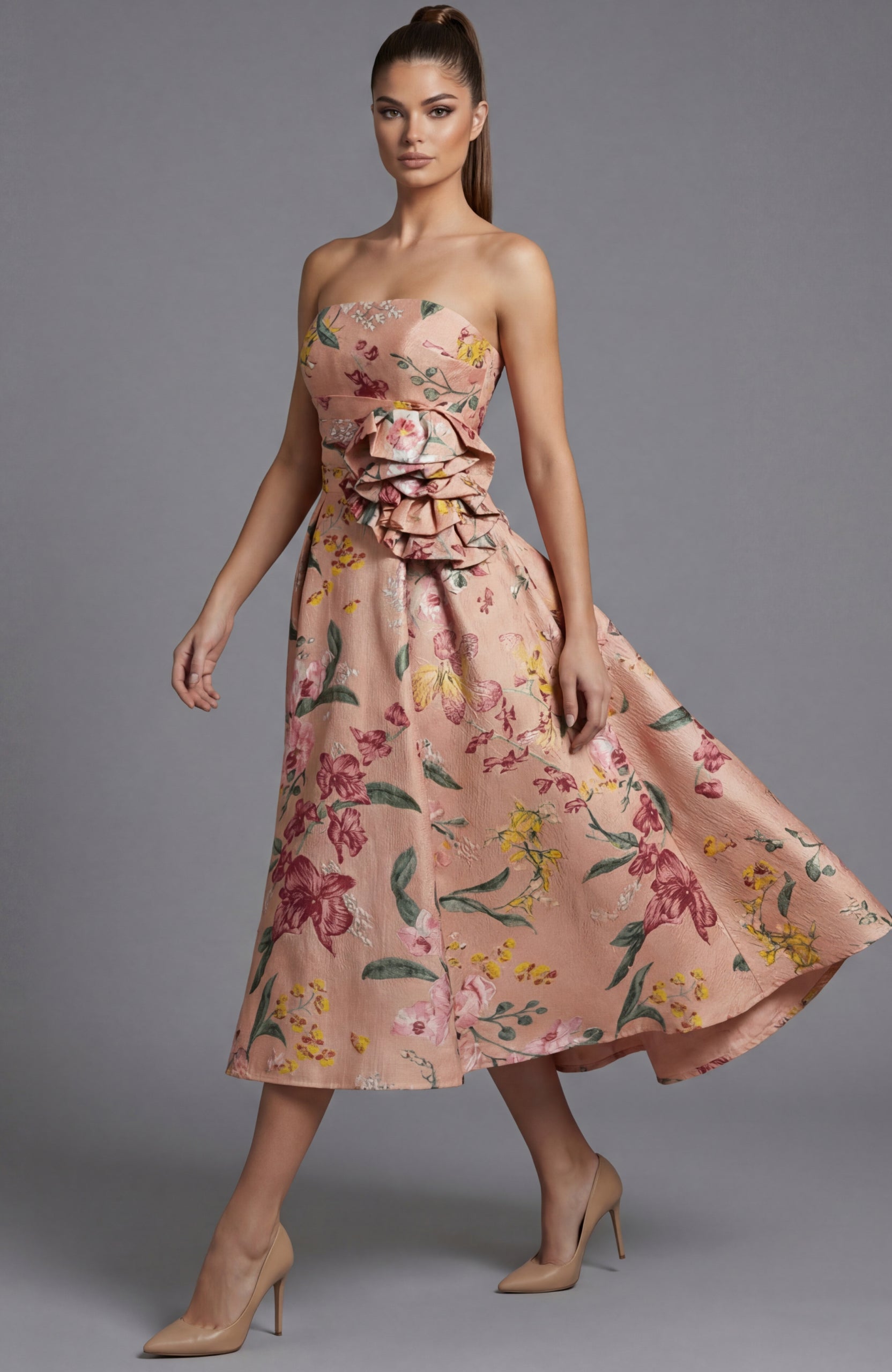 Cocktail Dresses Ruffle Short Midi Floral Print Cocktail Dress Jovani 46241 Blush