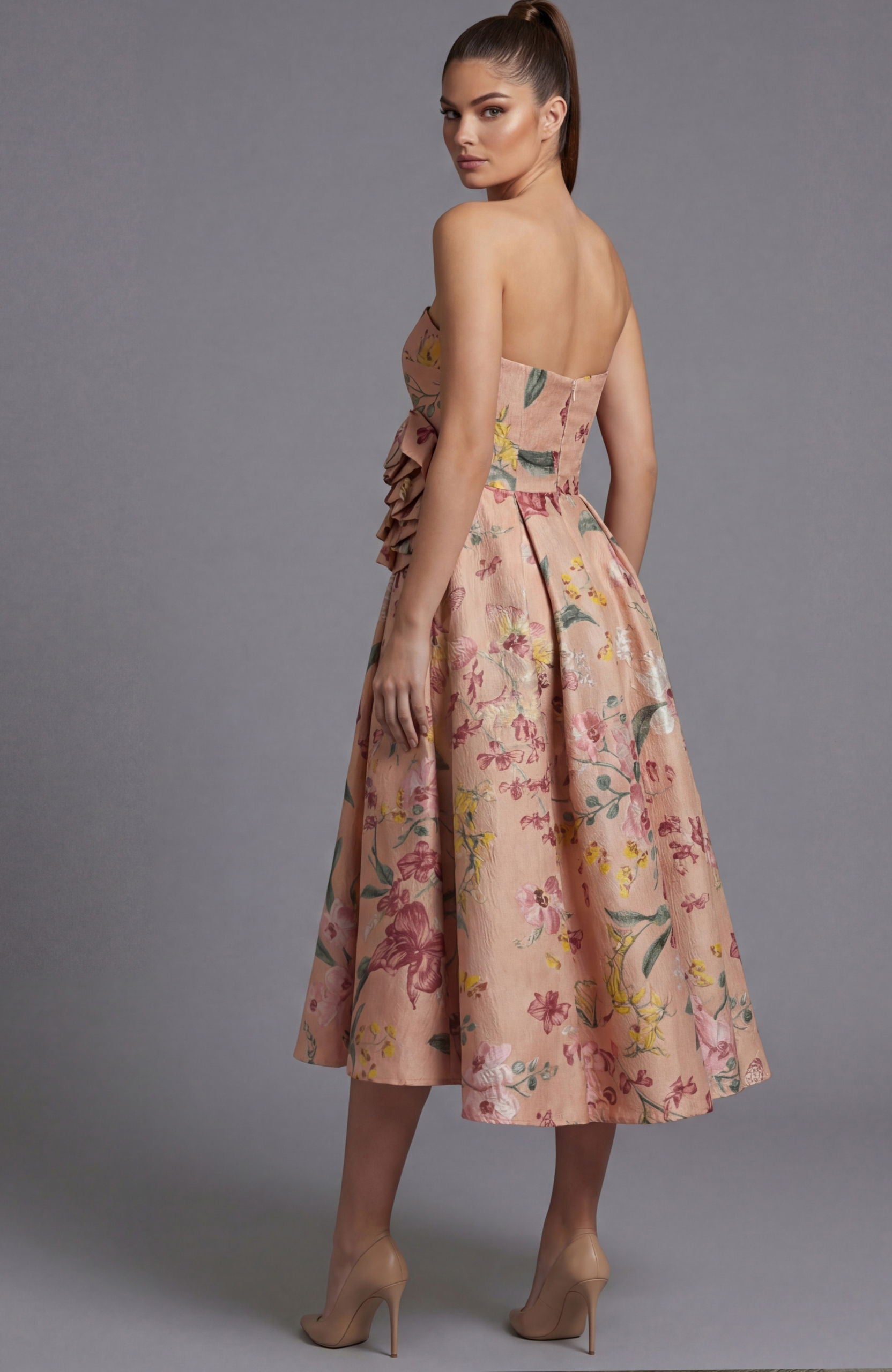 Cocktail Dresses Ruffle Short Midi Floral Print Cocktail Dress Jovani 46241 Blush