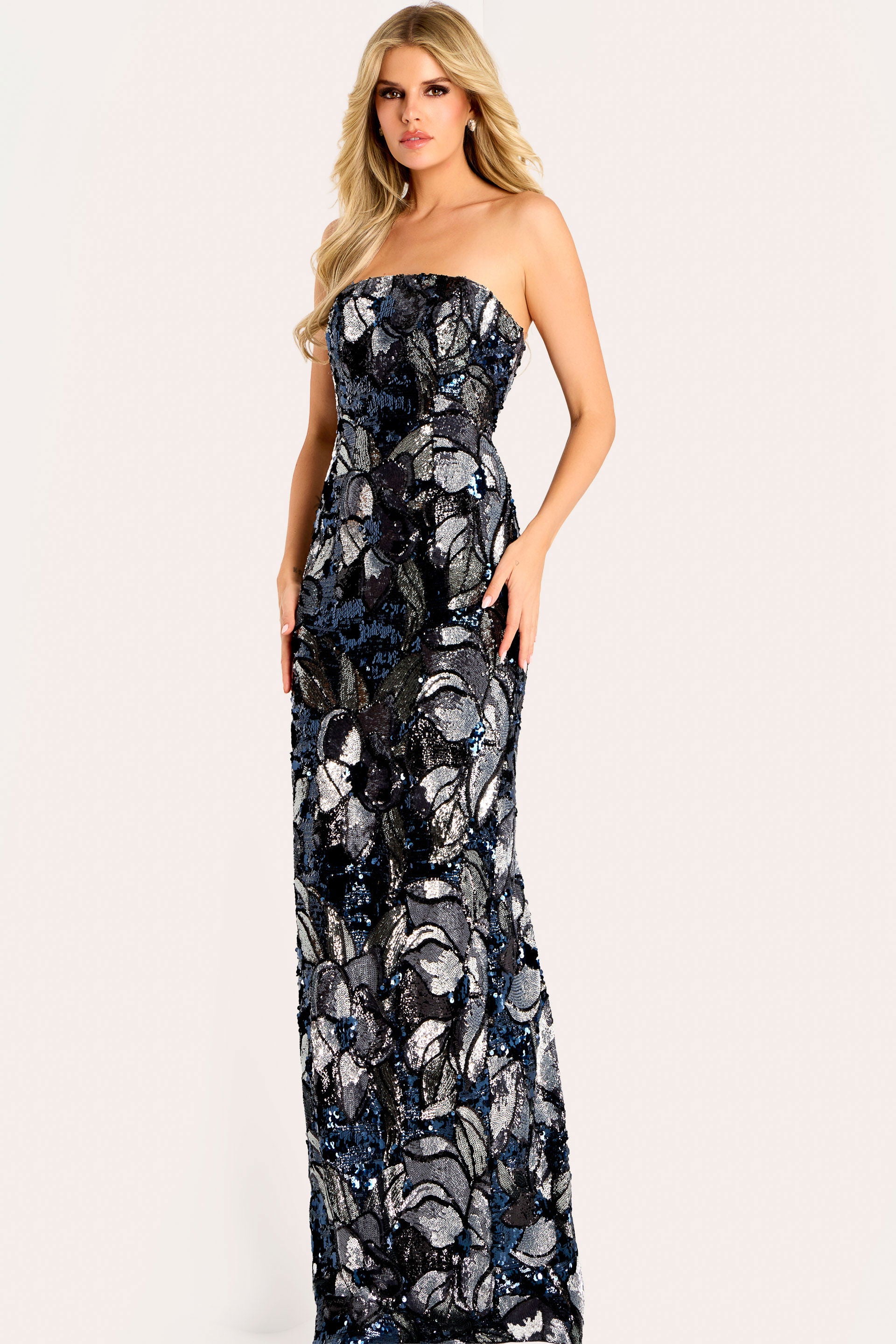 Prom Dresses Long Formal Sequin Floral Cape Prom Dress Jovani 46431 Navy/Silver