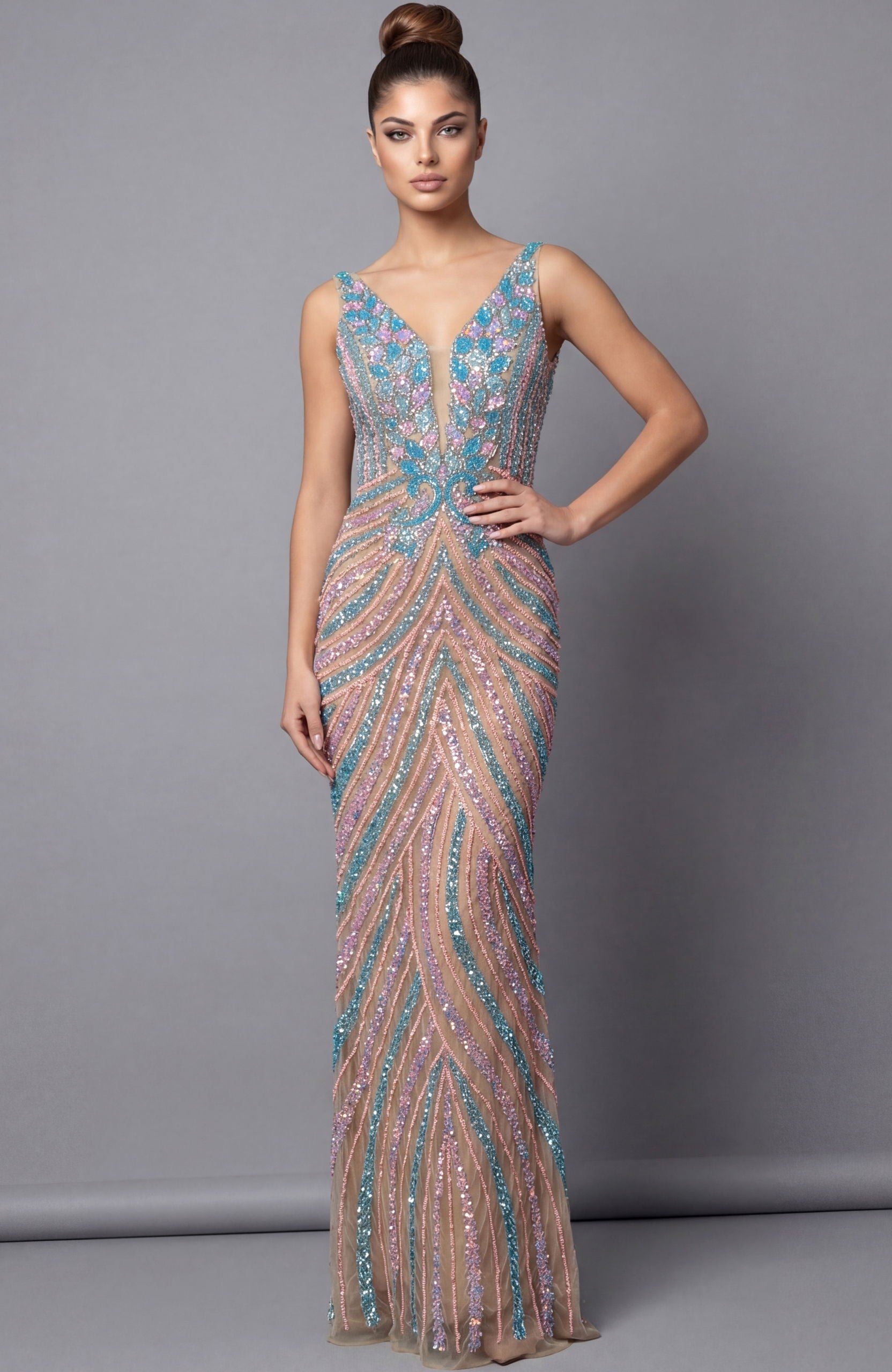 Prom Dresses Beaded Long Formal Fitted Evening Dress Jovani 46515 Nude/ Multi