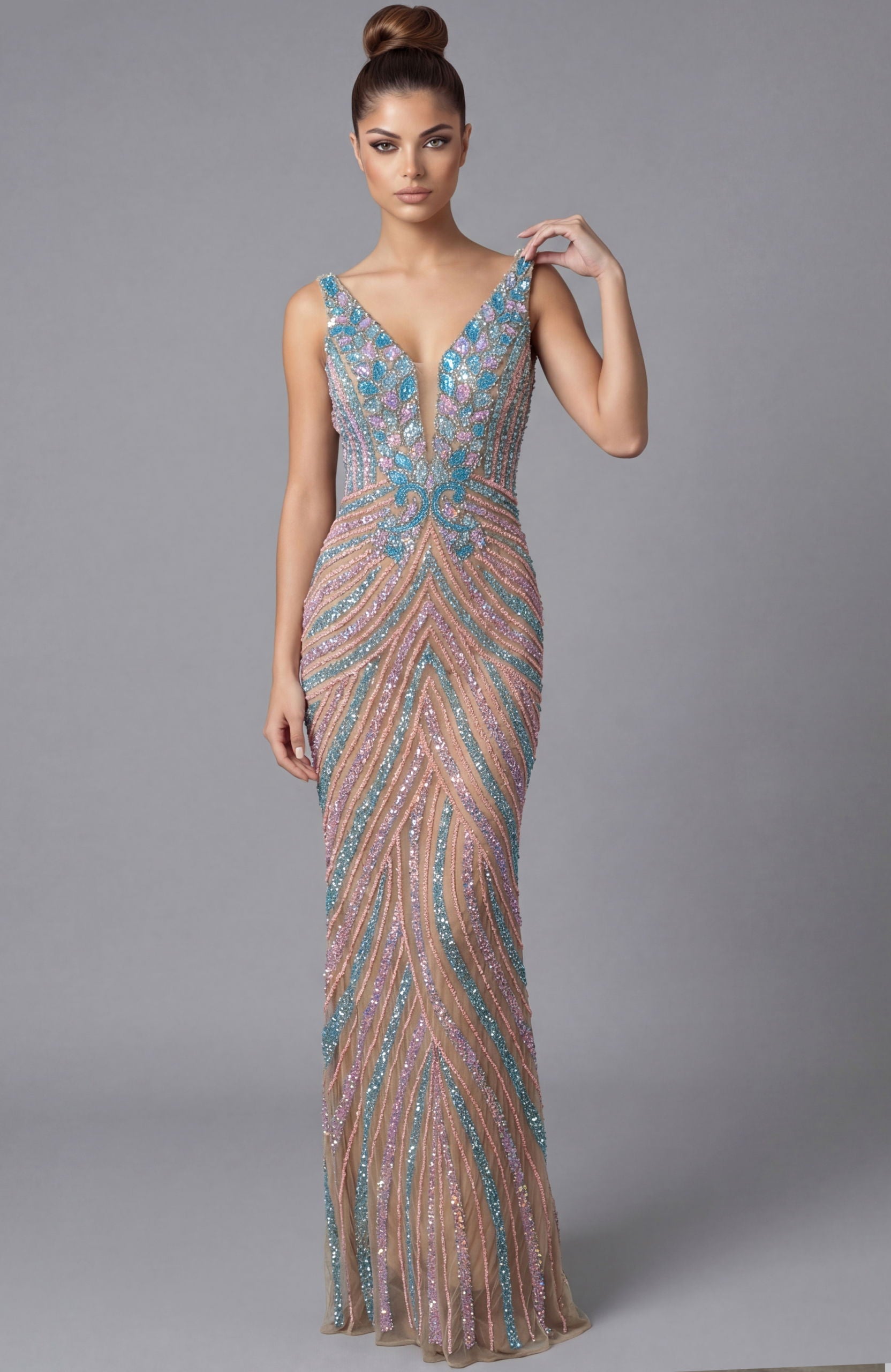 Prom Dresses Beaded Long Formal Fitted Evening Dress Jovani 46515 Nude/ Multi