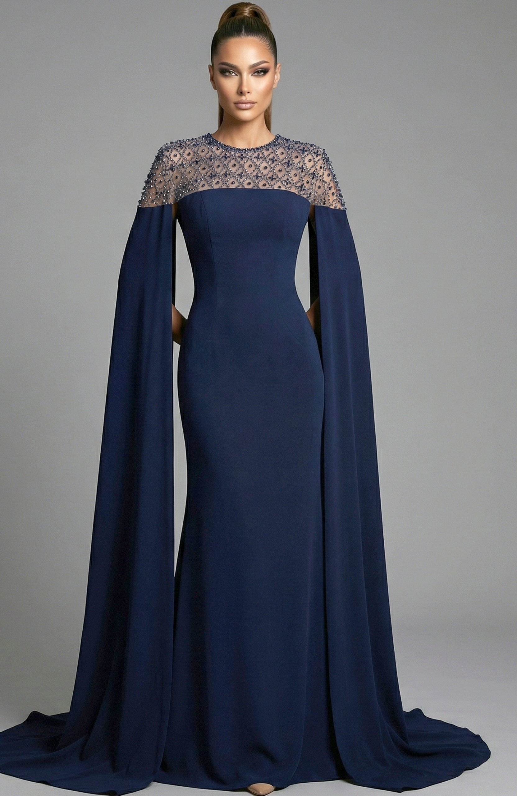 Mother of the Bride Dresses Lace Cape Long Formal Fitted Mother of the Bride Dress Jovani 46522 Navy