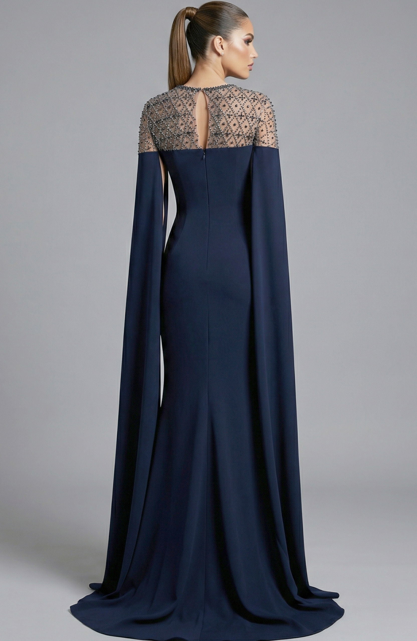 Mother of the Bride Dresses Lace Cape Long Formal Fitted Mother of the Bride Dress Jovani 46522 Navy