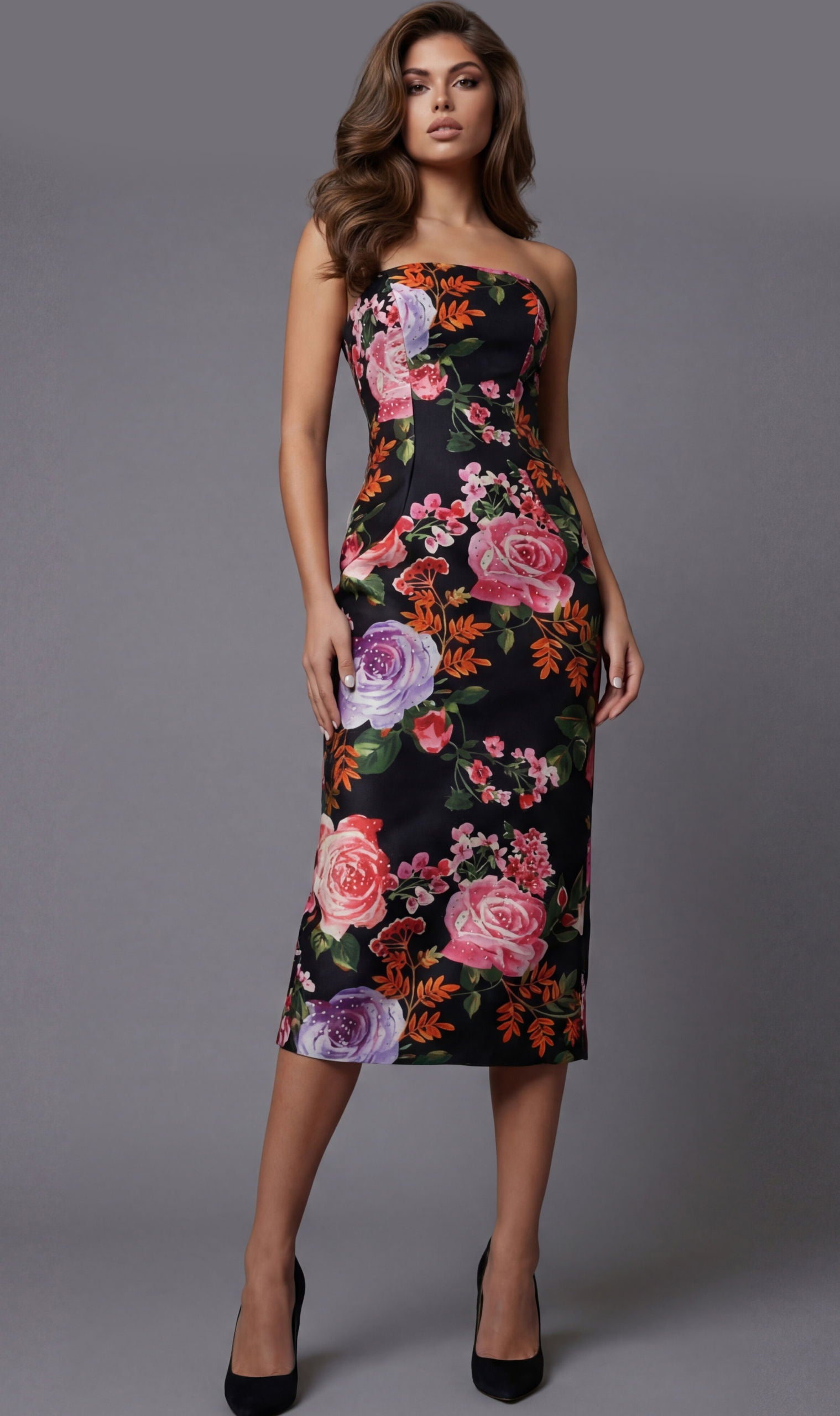 Cocktail Dresses Short Floral Print Fitted Midi Cocktail Dress Jovani 46565 Print