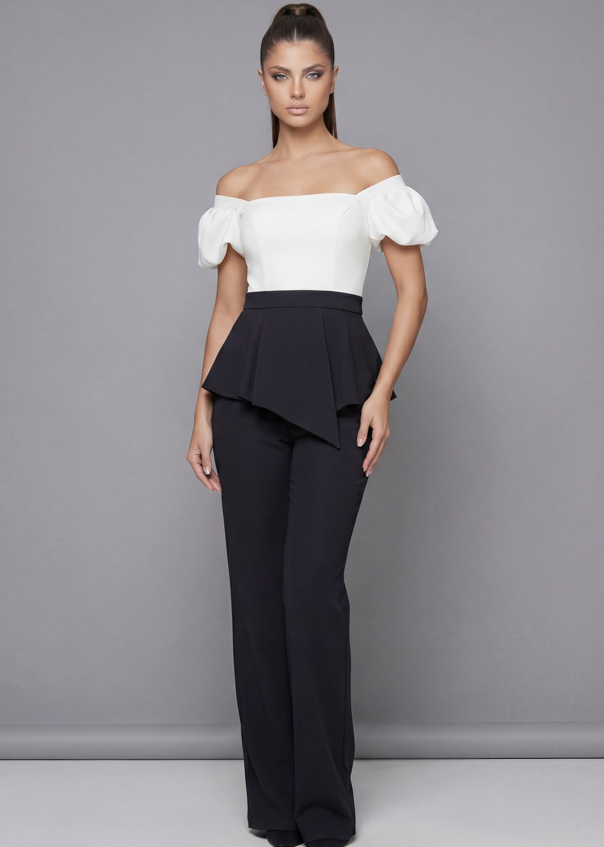 Black/White Off-the-Shoulder Full-Length Stretch Crepe Formal Puff Sleeve Peplum Pants Jovani 46613