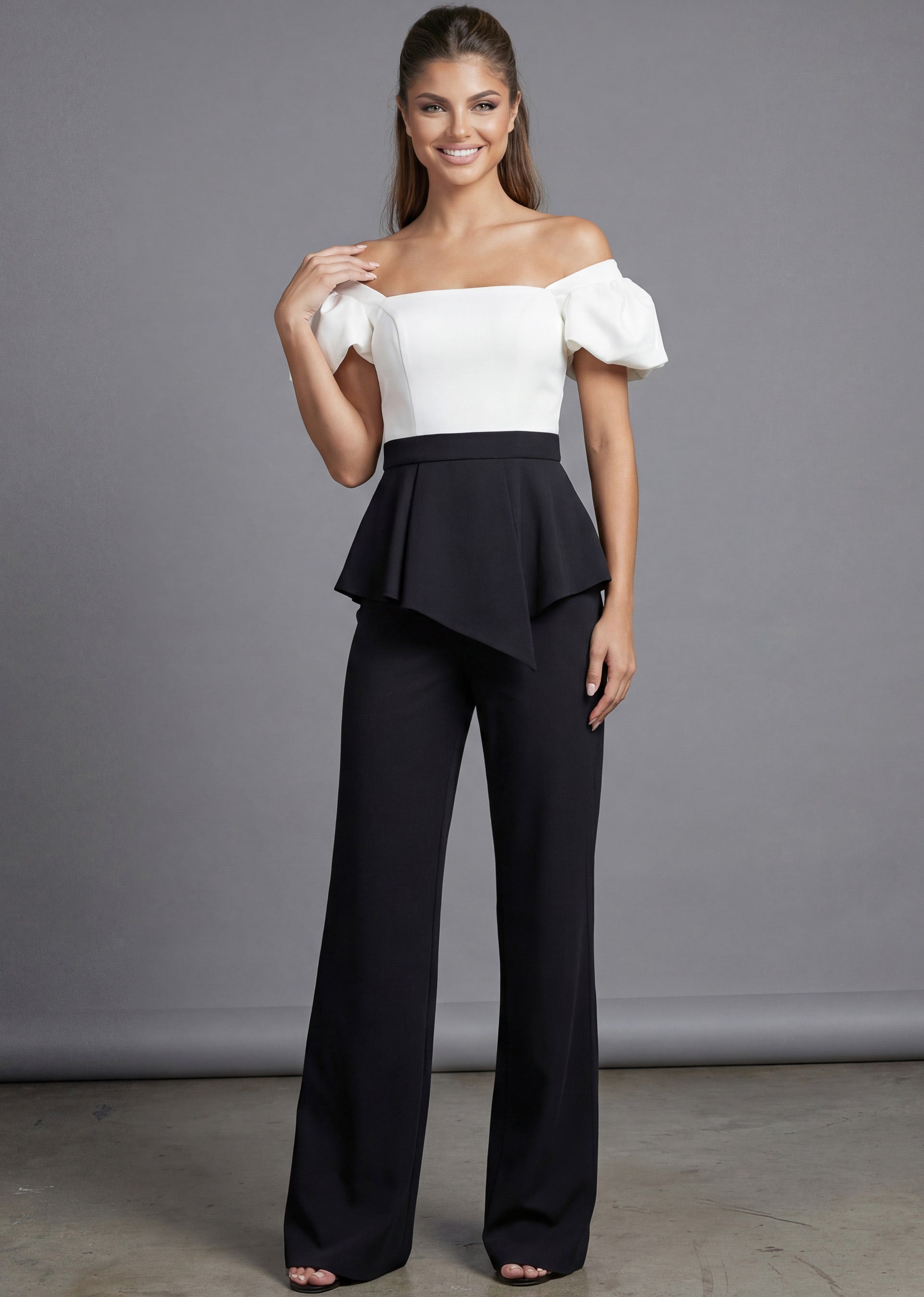 Black/White Off-the-Shoulder Full-Length Stretch Crepe Formal Puff Sleeve Peplum Pants Jovani 46613
