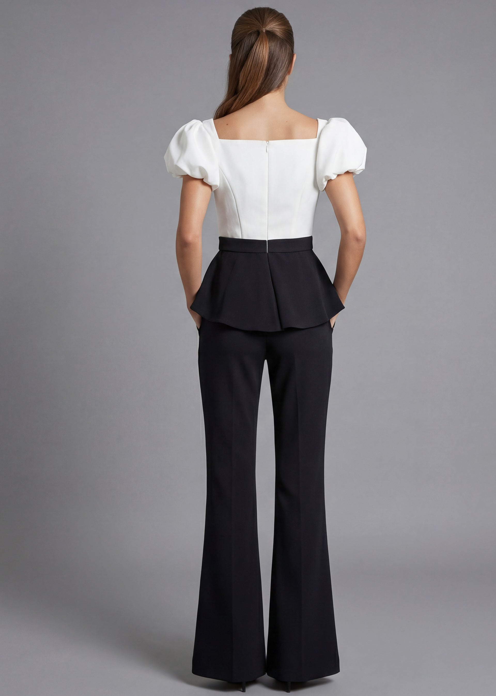 Black/White Off-the-Shoulder Full-Length Stretch Crepe Formal Puff Sleeve Peplum Pants Jovani 46613
