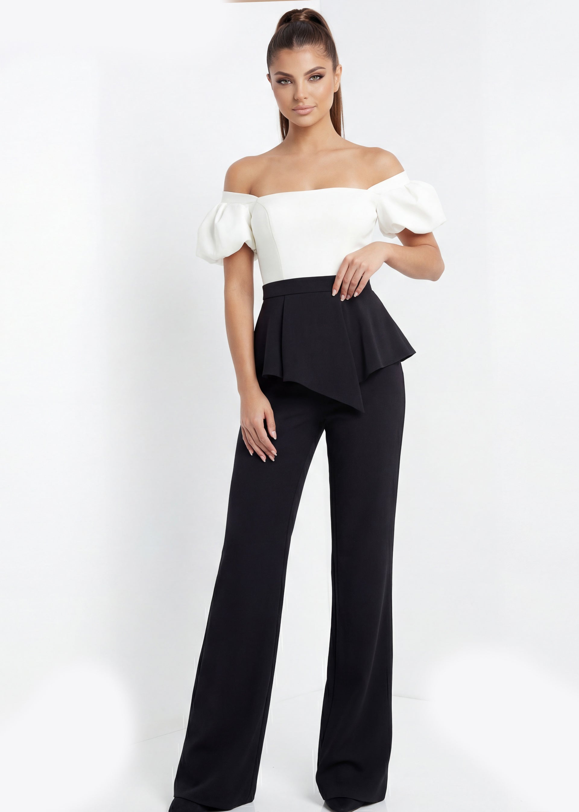 Black/White Off-the-Shoulder Full-Length Stretch Crepe Formal Puff Sleeve Peplum Pants Jovani 46613