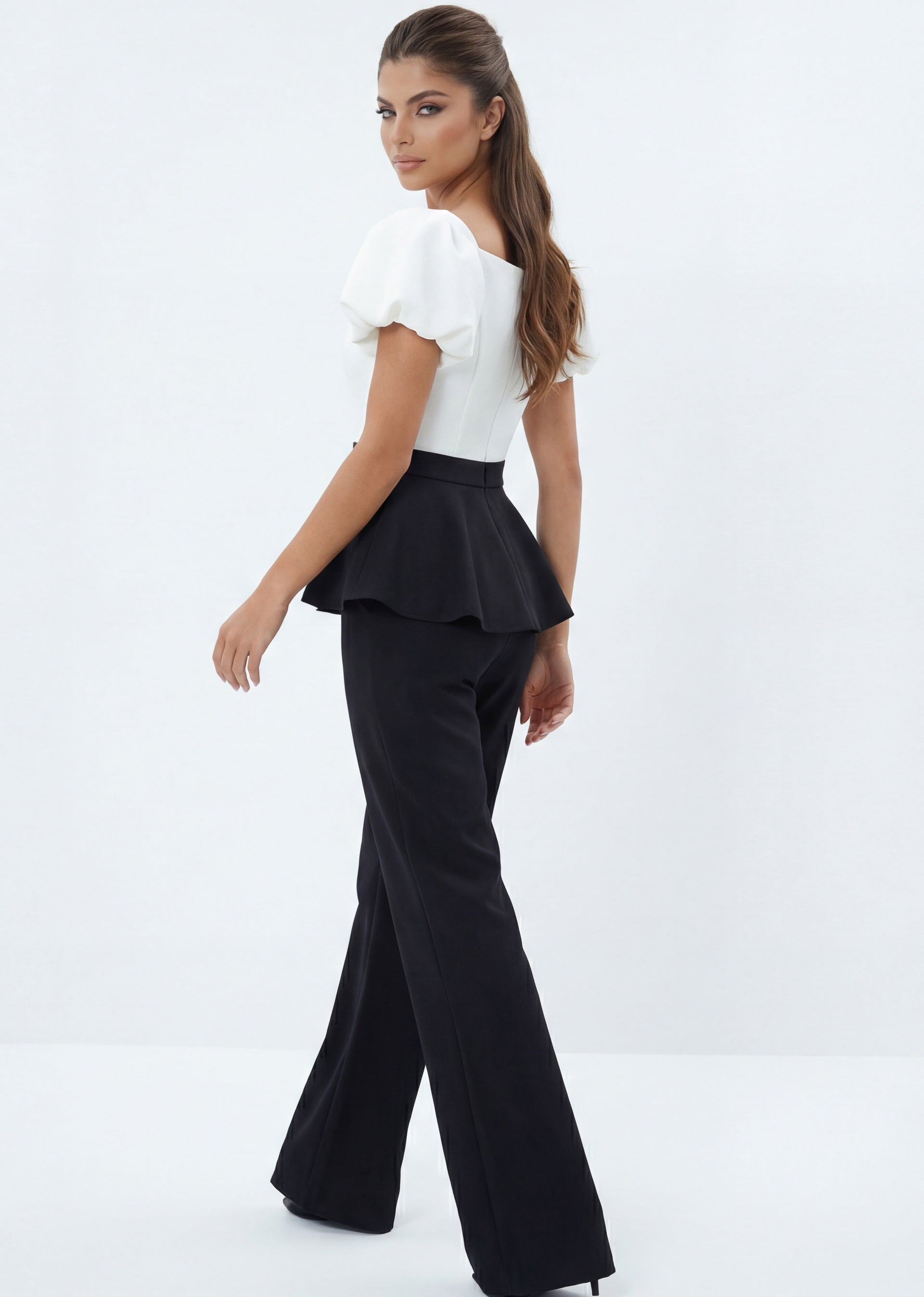 Black/White Off-the-Shoulder Full-Length Stretch Crepe Formal Puff Sleeve Peplum Pants Jovani 46613