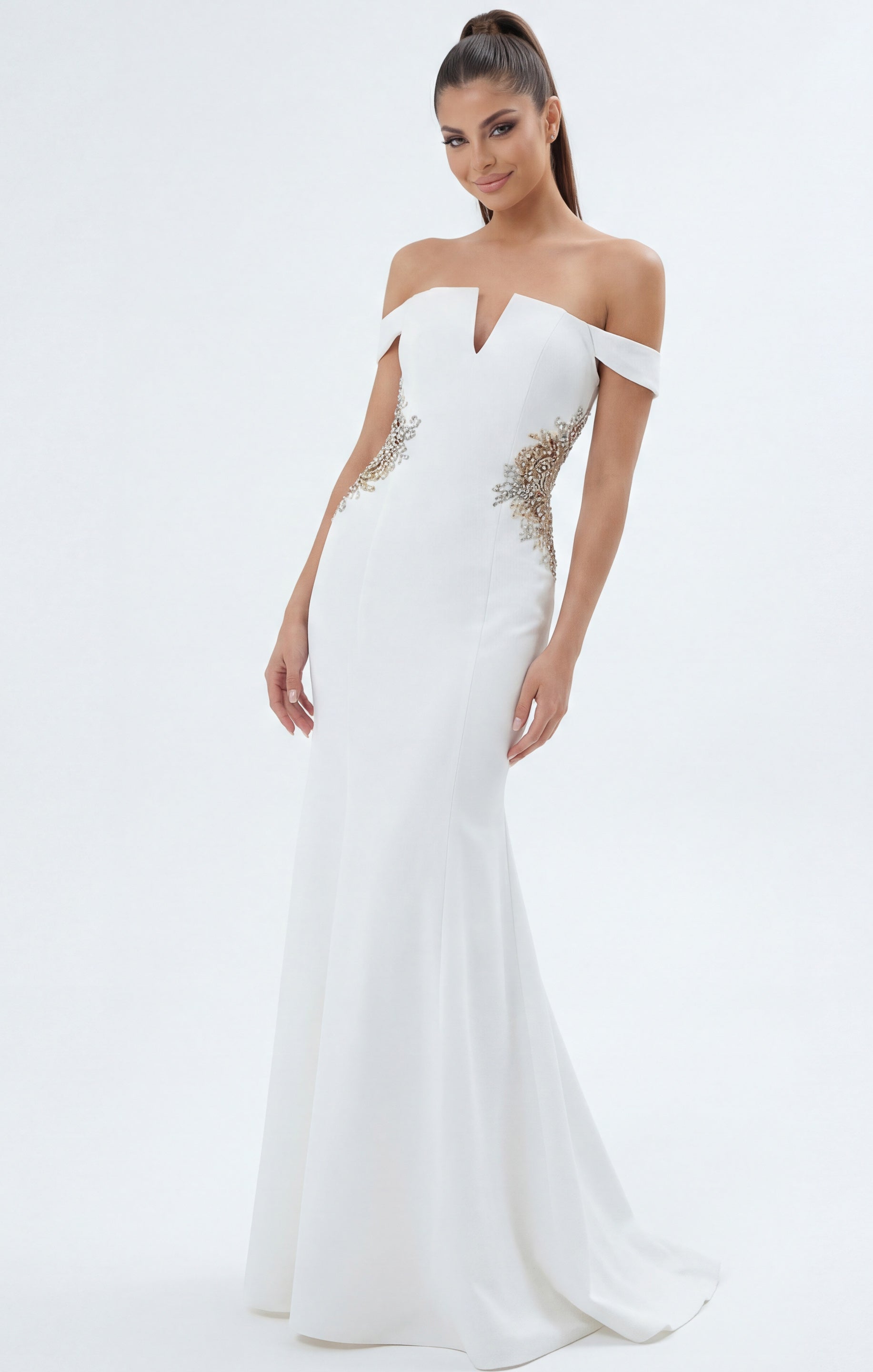 Off White Off-Shoulder Floor-Length Stretch Crepe Wedding Fitted Mermaid Gown Jovani 46623