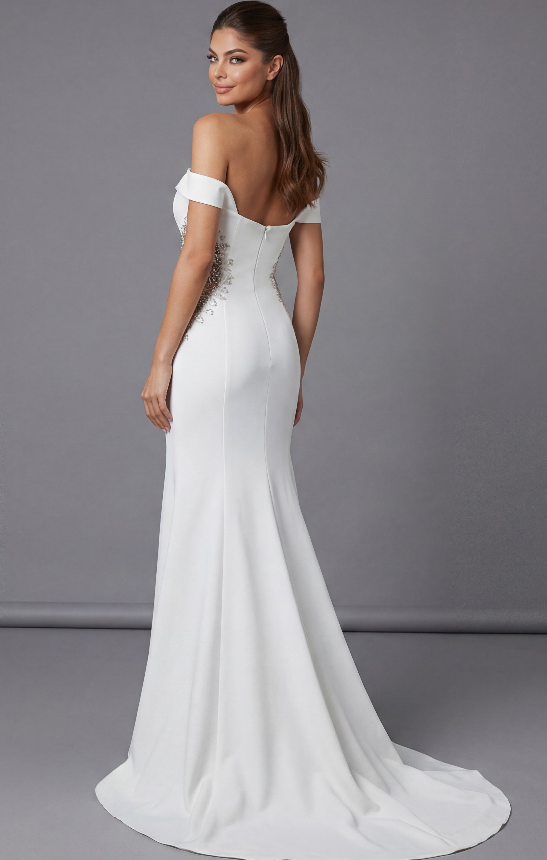 Off White Off-Shoulder Floor-Length Stretch Crepe Wedding Fitted Mermaid Gown Jovani 46623