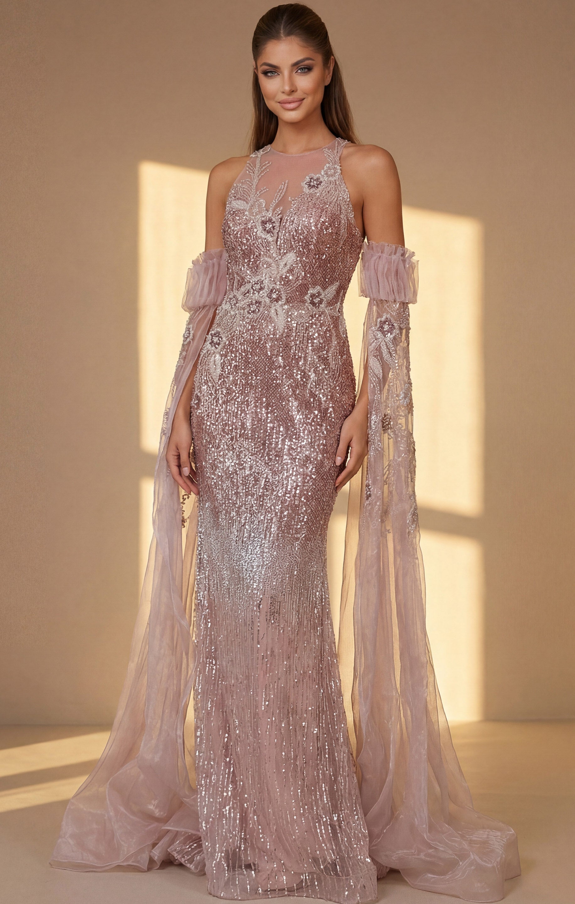 Pink Halter Neck Floor-Length Beaded Tulle Formal Mermaid Gown with Sheer Sleeves Jovani 46674