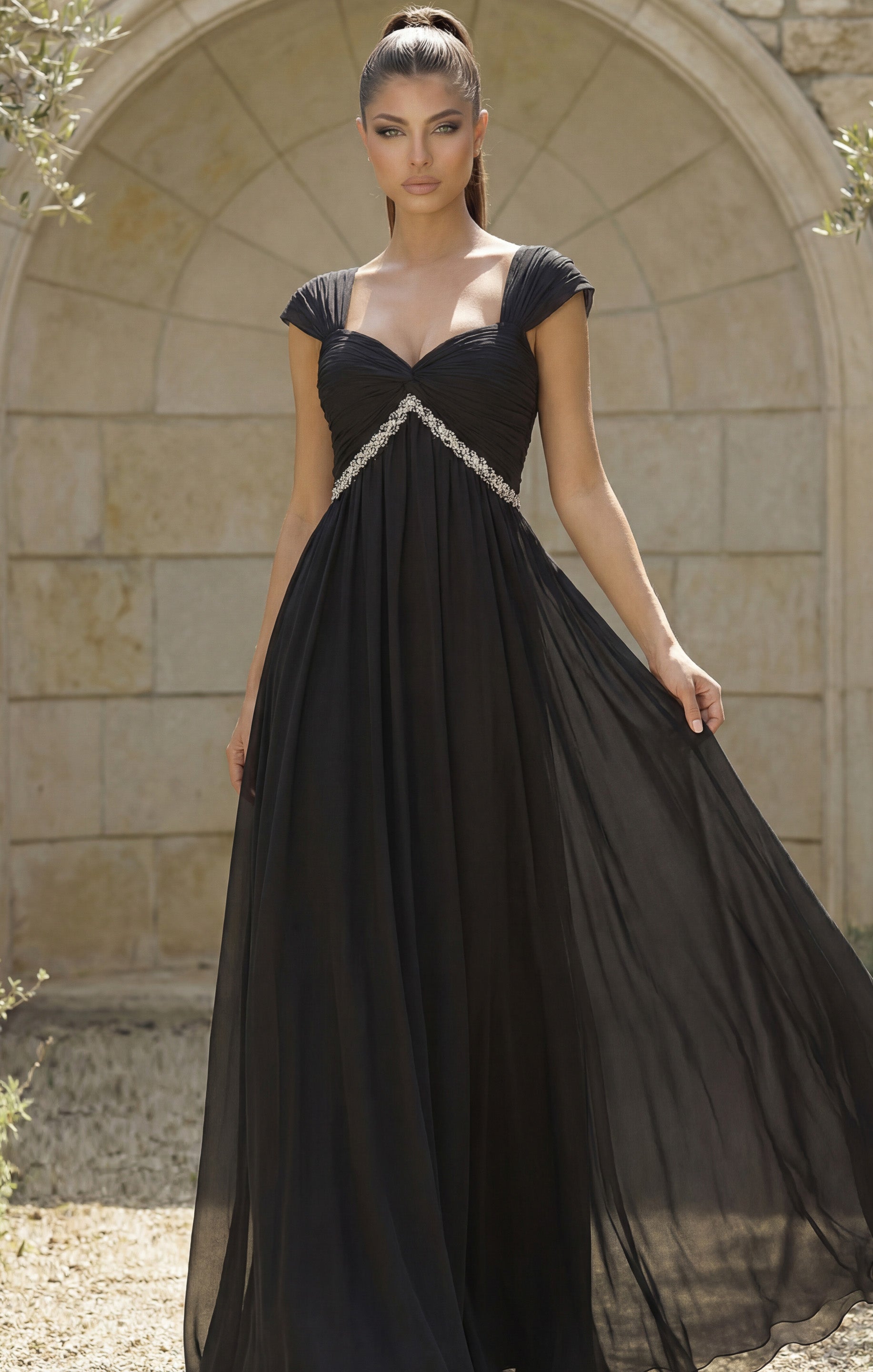 Black Off-the-Shoulder Floor-Length Chiffon Formal Gown with Beaded Waistband Jovani 46703