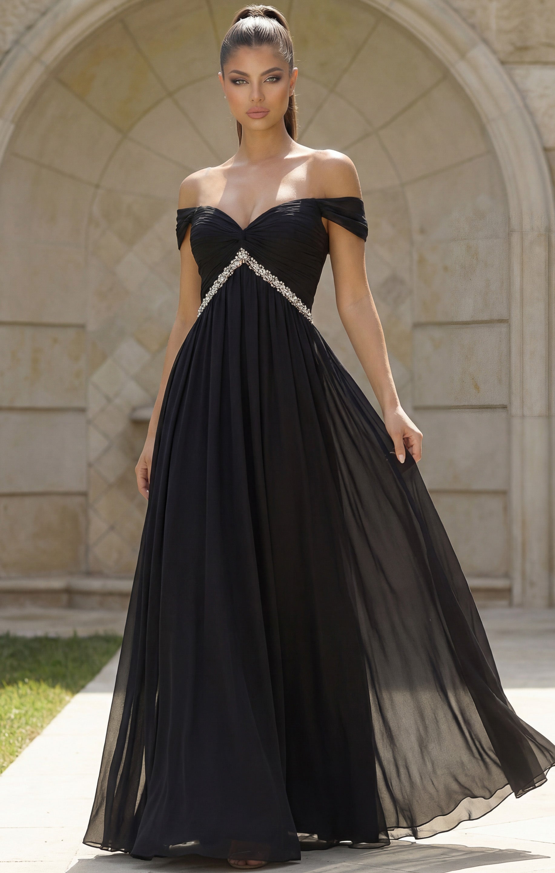 Black Off-the-Shoulder Floor-Length Chiffon Formal Gown with Beaded Waistband Jovani 46703