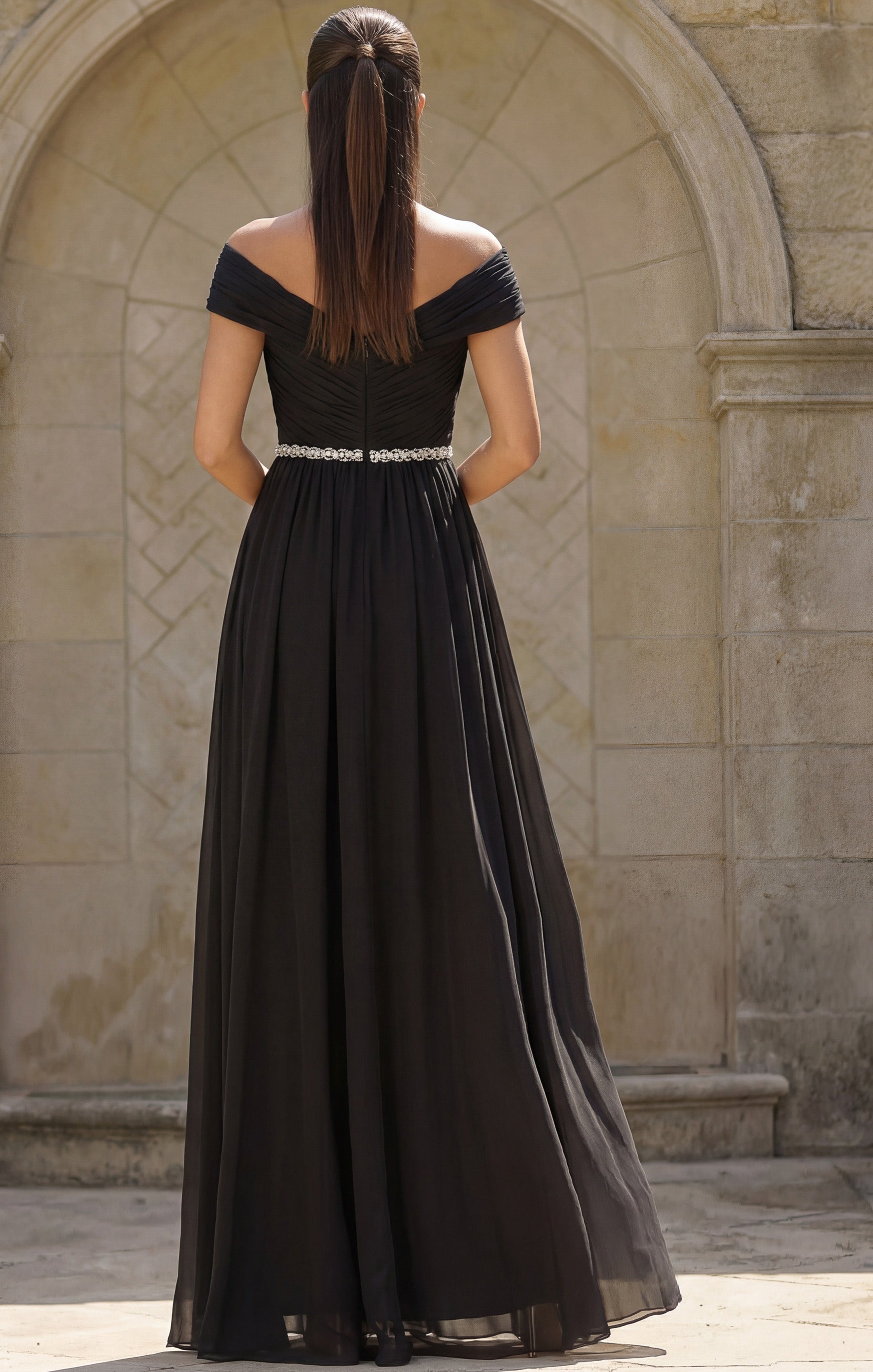 Black Off-the-Shoulder Floor-Length Chiffon Formal Gown with Beaded Waistband Jovani 46703