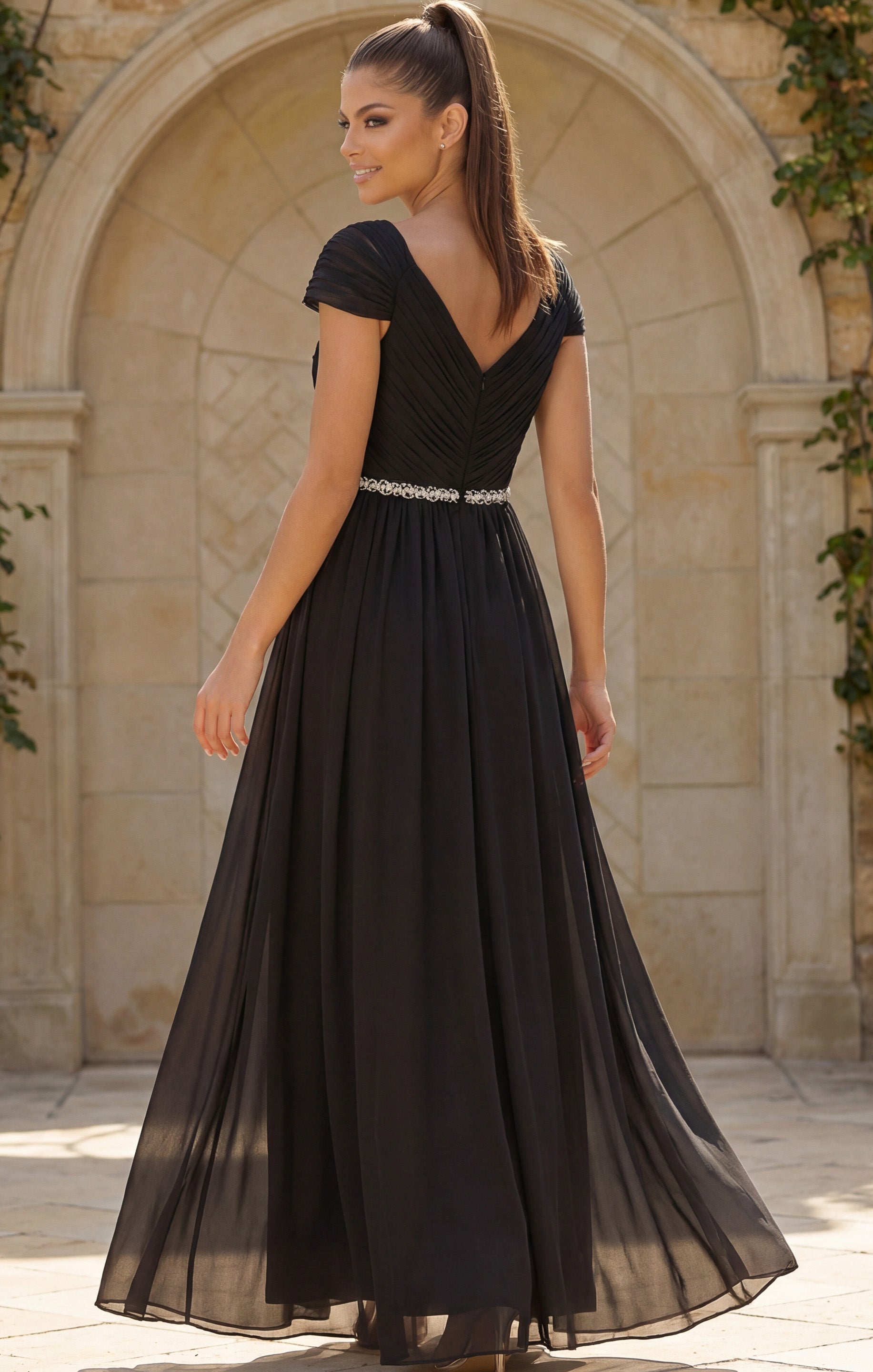 Black Off-the-Shoulder Floor-Length Chiffon Formal Gown with Beaded Waistband Jovani 46703