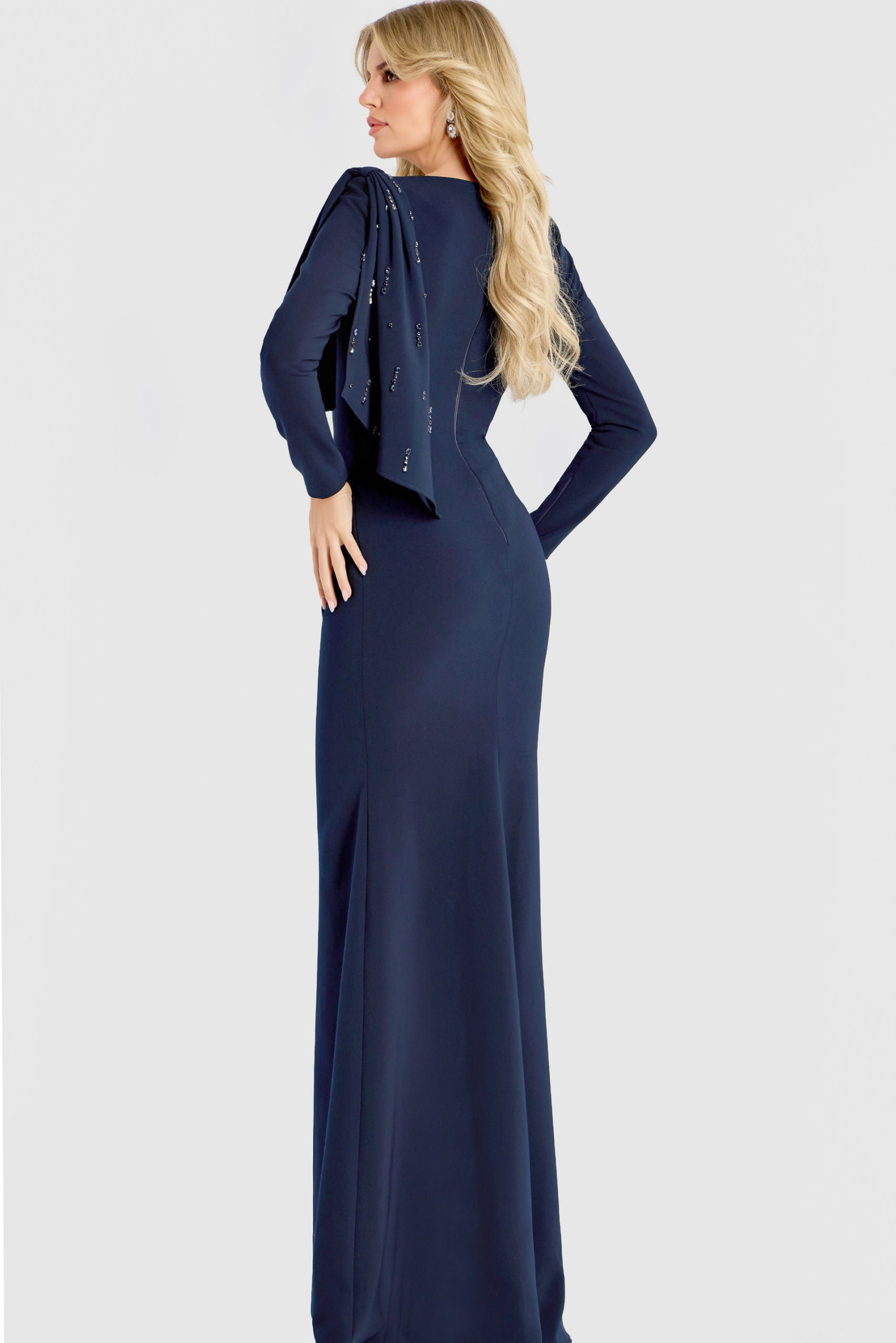 Mother of the Bride Dresses Long Sleeve Cape Beaded Formal Fitted Mother of the Bride Dress Jovani 46738 Navy
