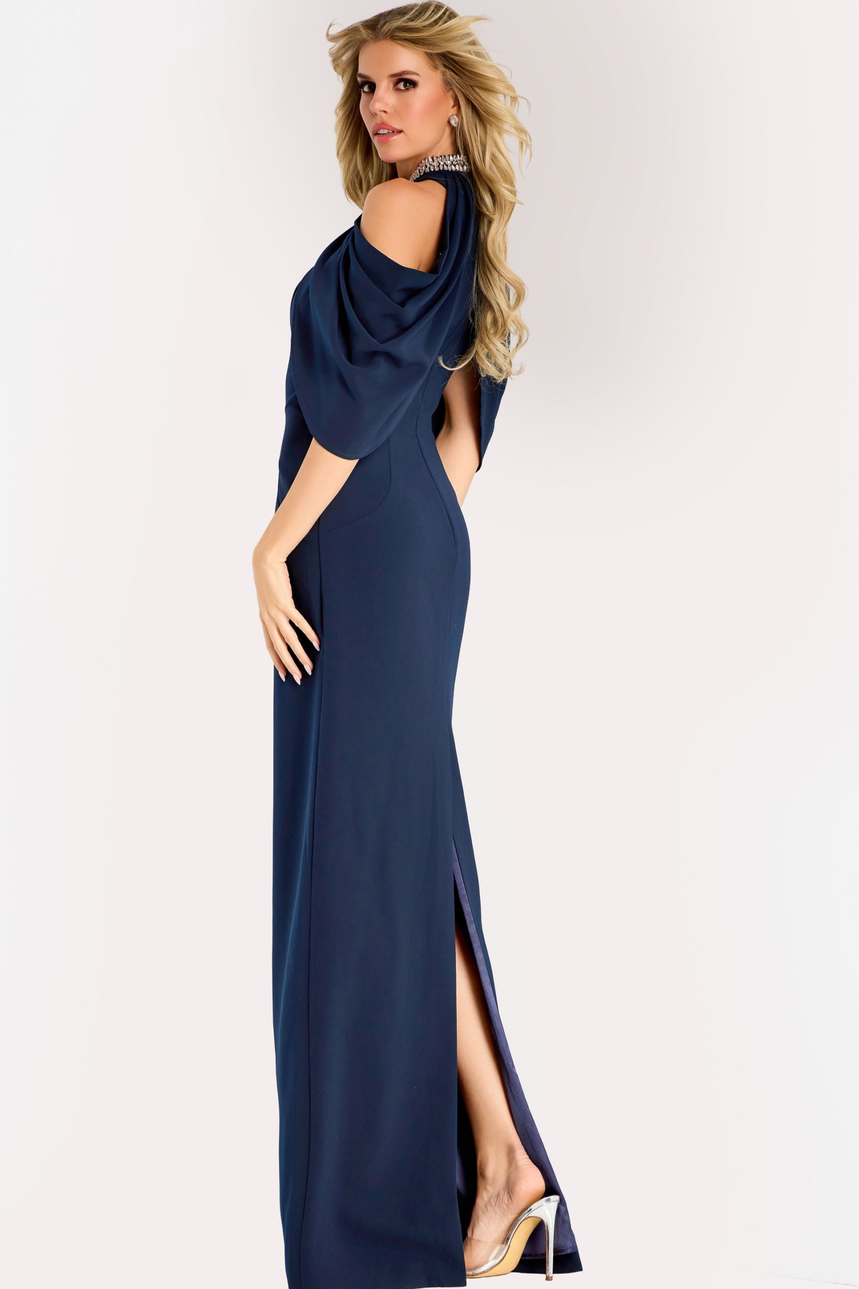 Formal Dresses Slit Long Formal Beaded Fitted Dress Jovani 46742 Navy