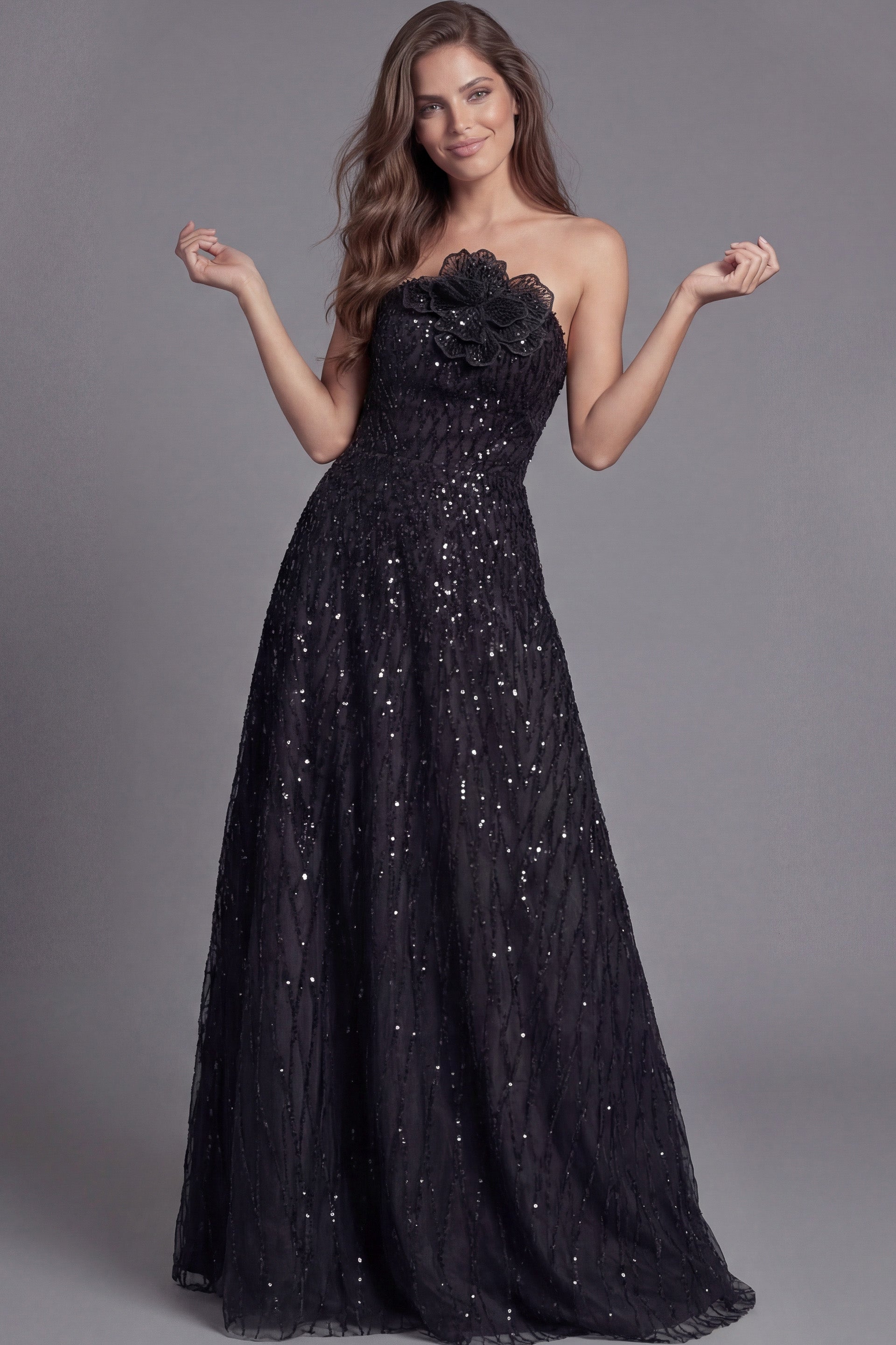Black Strapless Sequin A-Line Gown with Floral Appliqué Bodice Jovani 46785