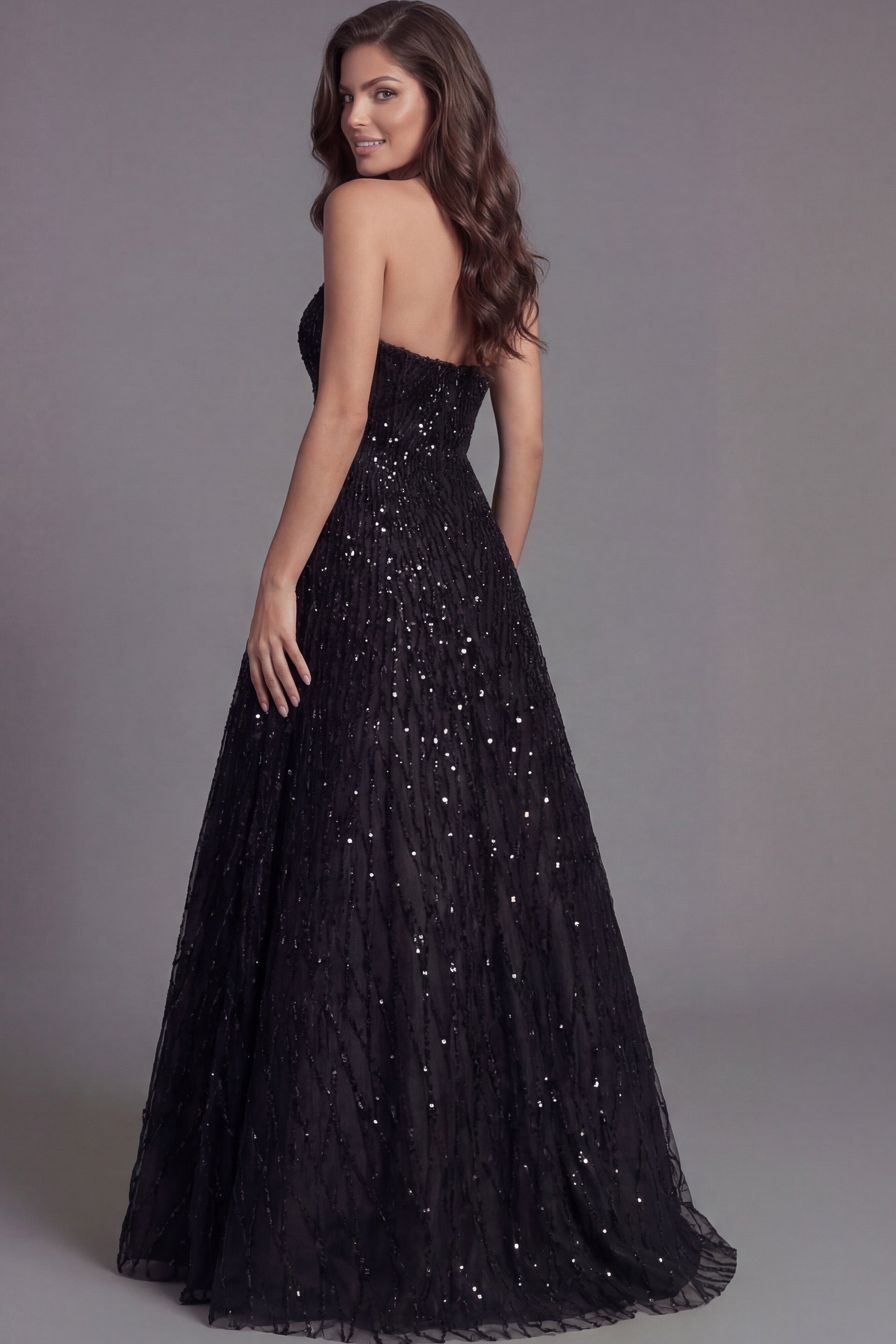 Black Strapless Sequin A-Line Gown with Floral Appliqué Bodice Jovani 46785