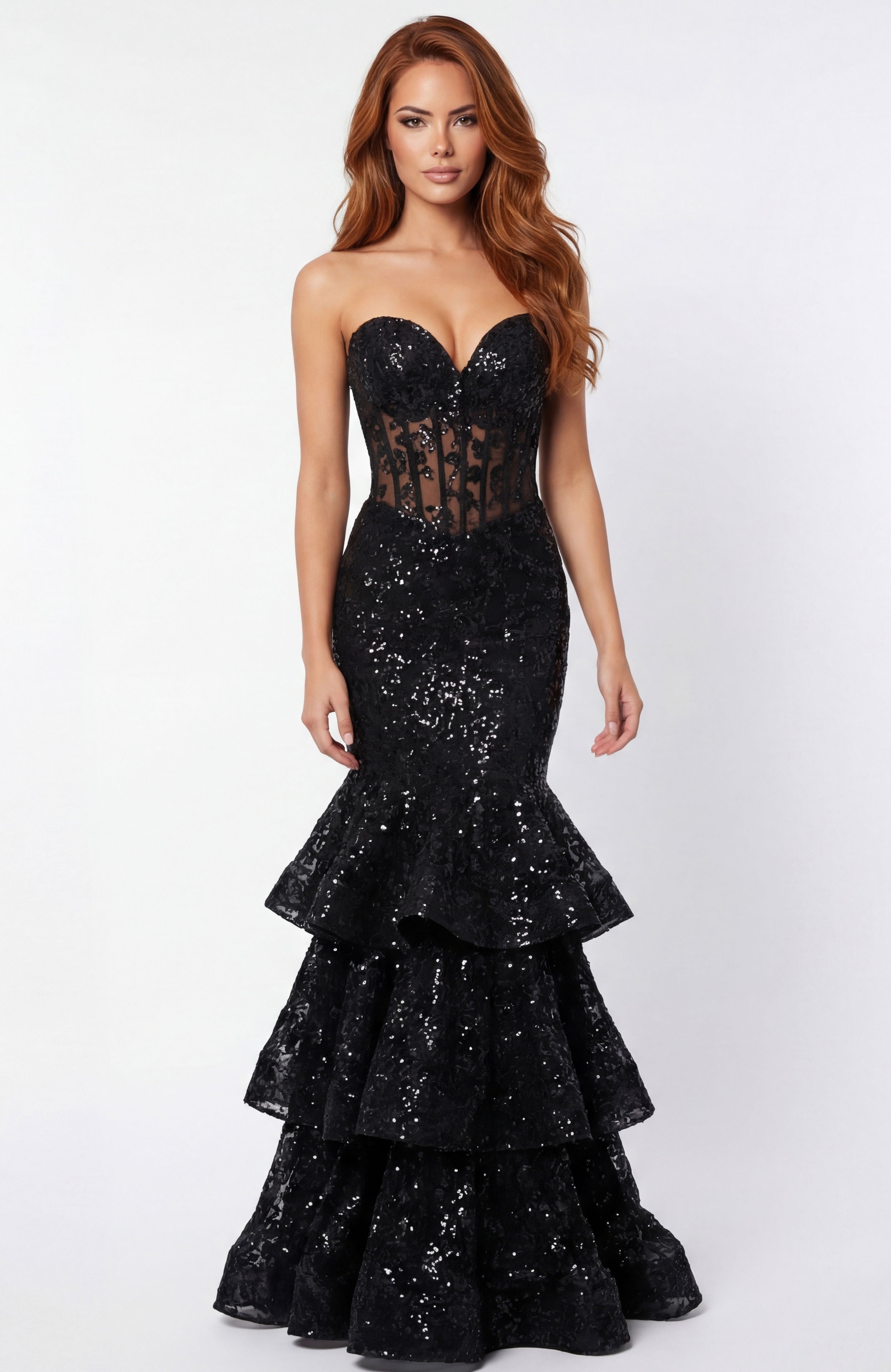 Prom Dresses Lace Fitted Long Formal Ruffle Mermaid Corset Prom Dress Jovani 46821 Black