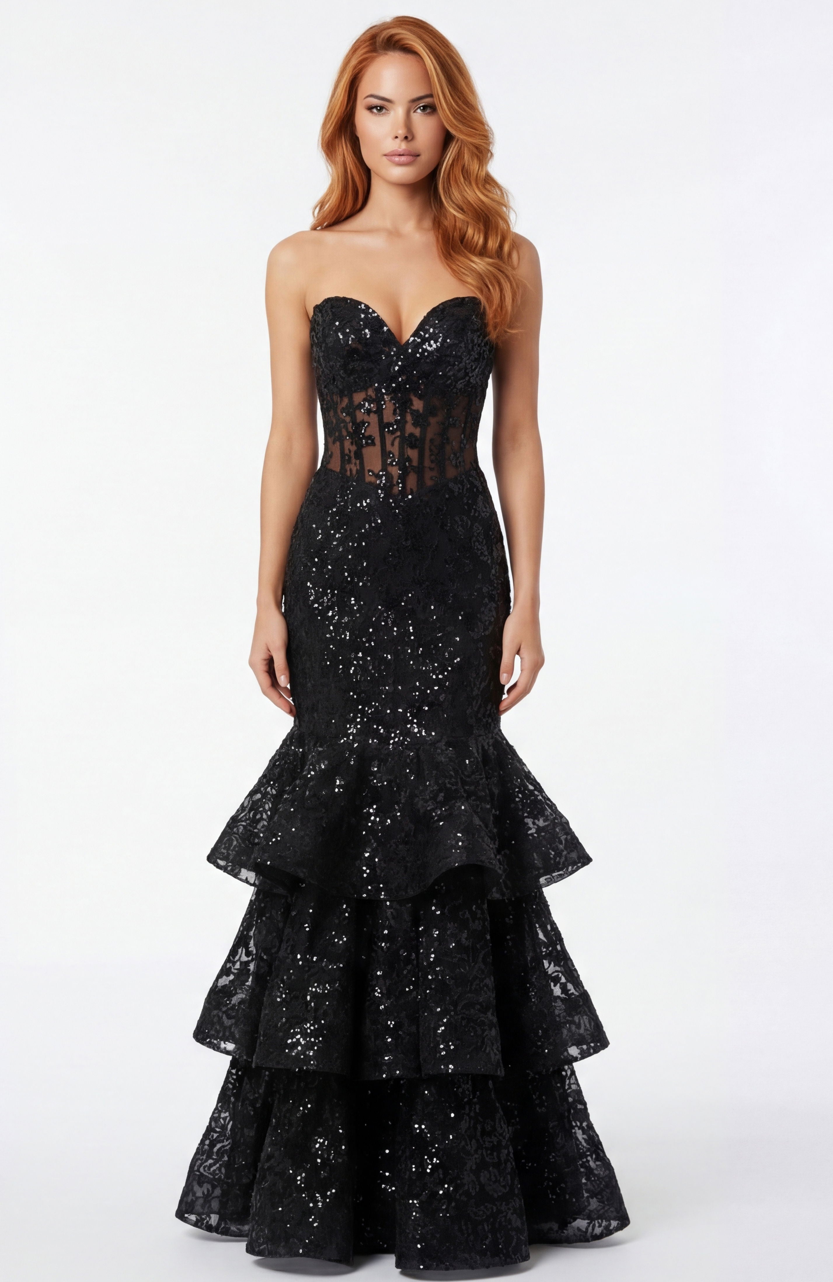 Prom Dresses Lace Fitted Long Formal Ruffle Mermaid Corset Prom Dress Jovani 46821 Black