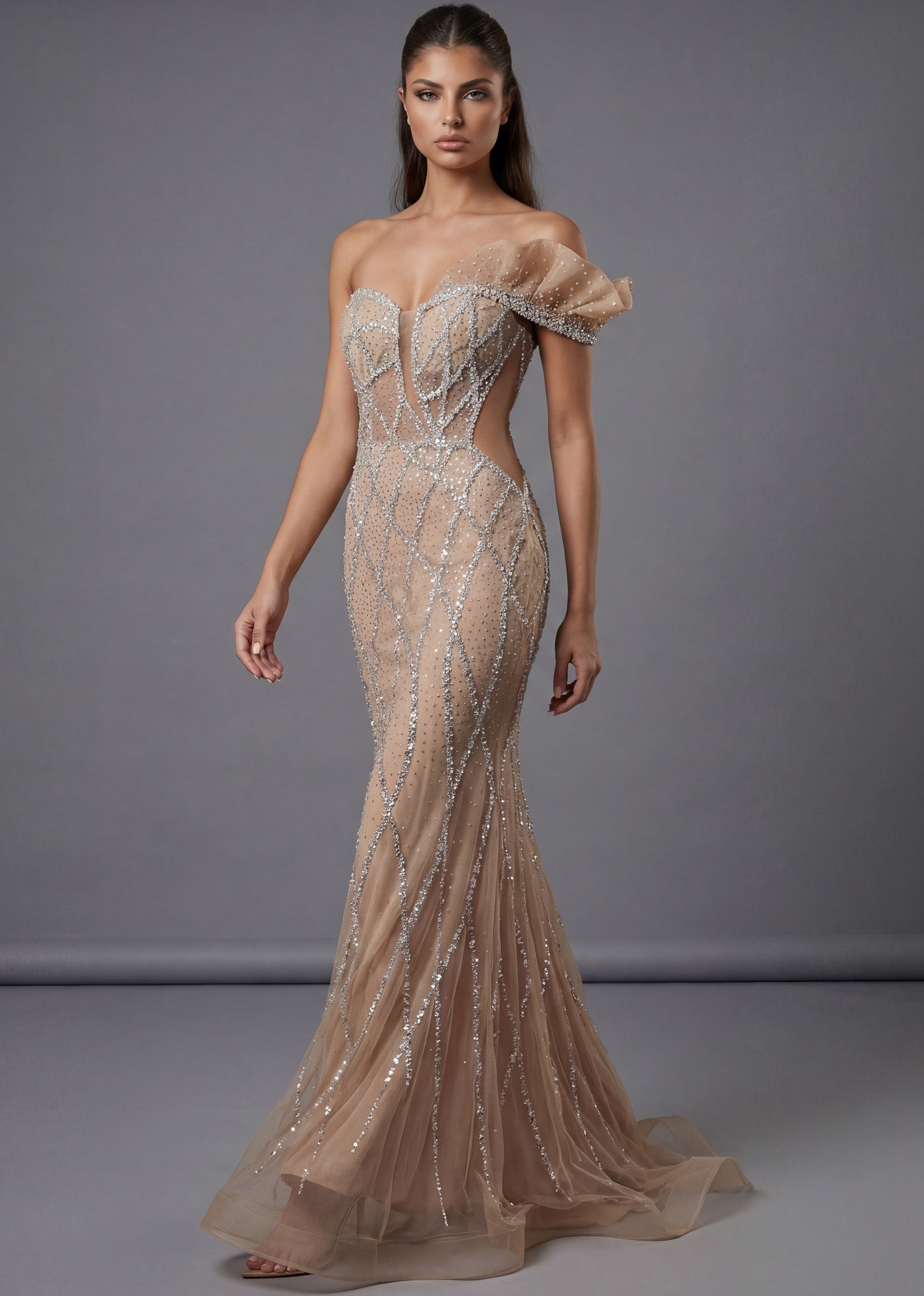Champagne One-Shoulder Floor-Length Beaded Tulle Prom Sheer Corset Mermaid Gown Jovani 46870