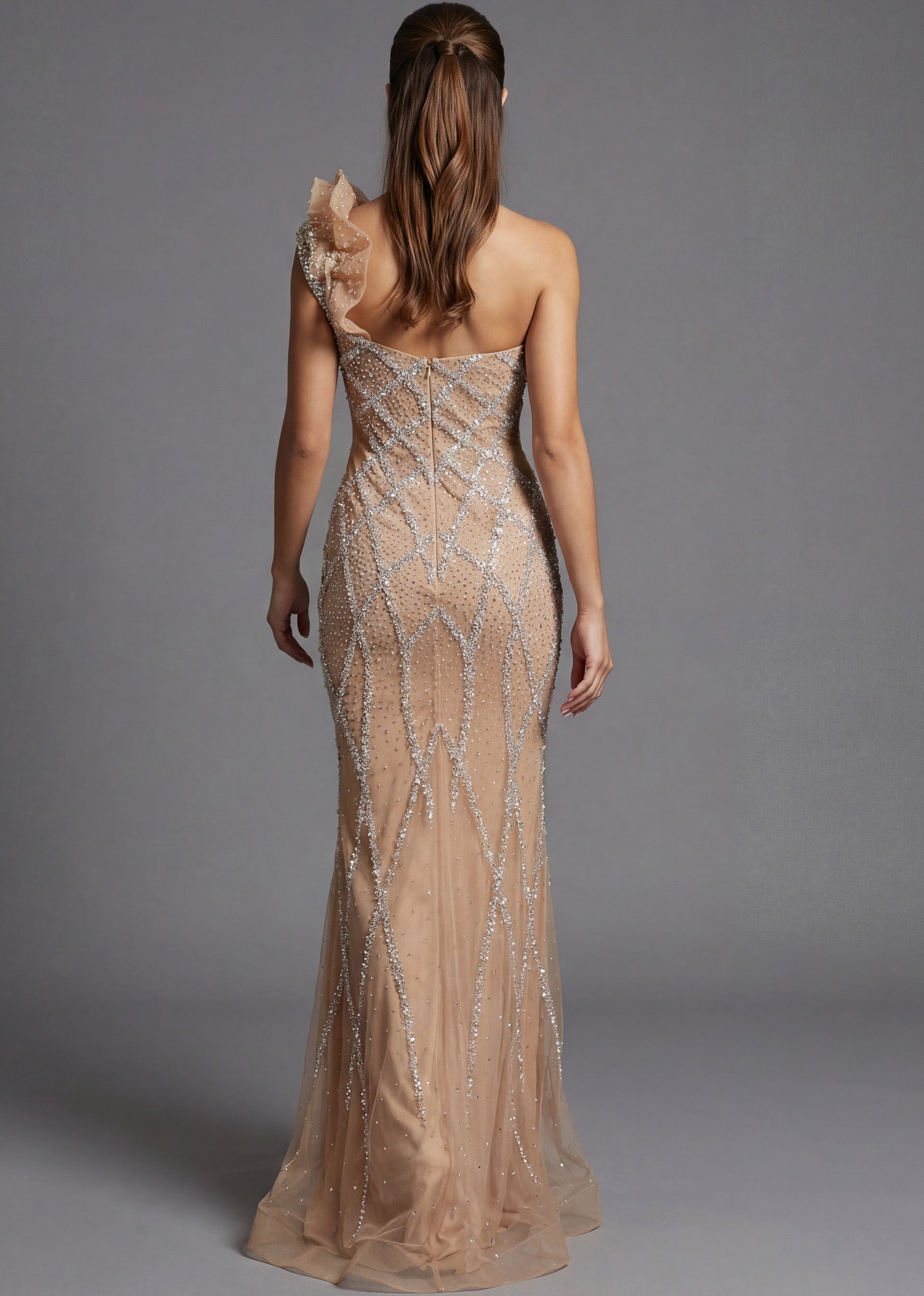 Champagne One-Shoulder Floor-Length Beaded Tulle Prom Sheer Corset Mermaid Gown Jovani 46870