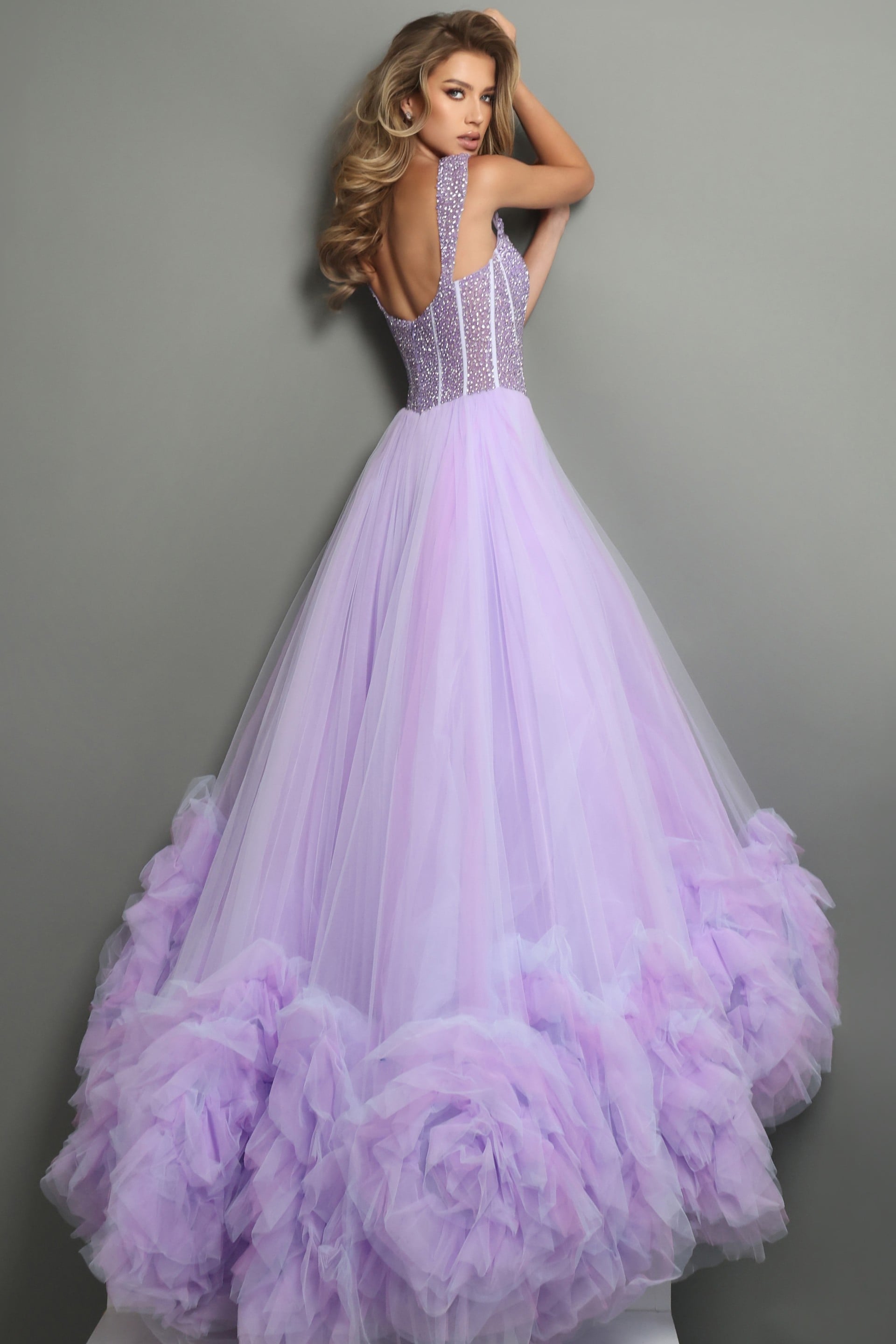 V-Neck Floor-Length Tulle Prom Ball Gown Jovani 46871