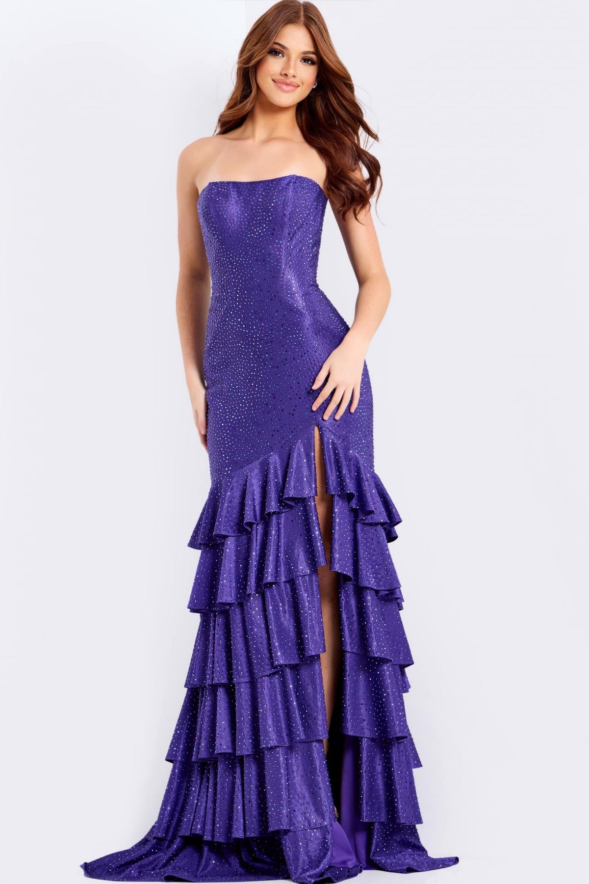 Prom Dresses Beaded Fitted Ruffle Long Formal Prom Dress Purple