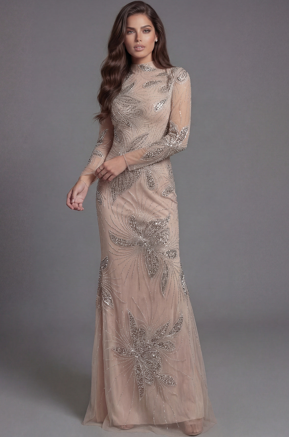 Nude llusion High Neck Floor-Length Beaded Mesh Mermaid Gown with Long Sheer Sleeves Jovani 47094