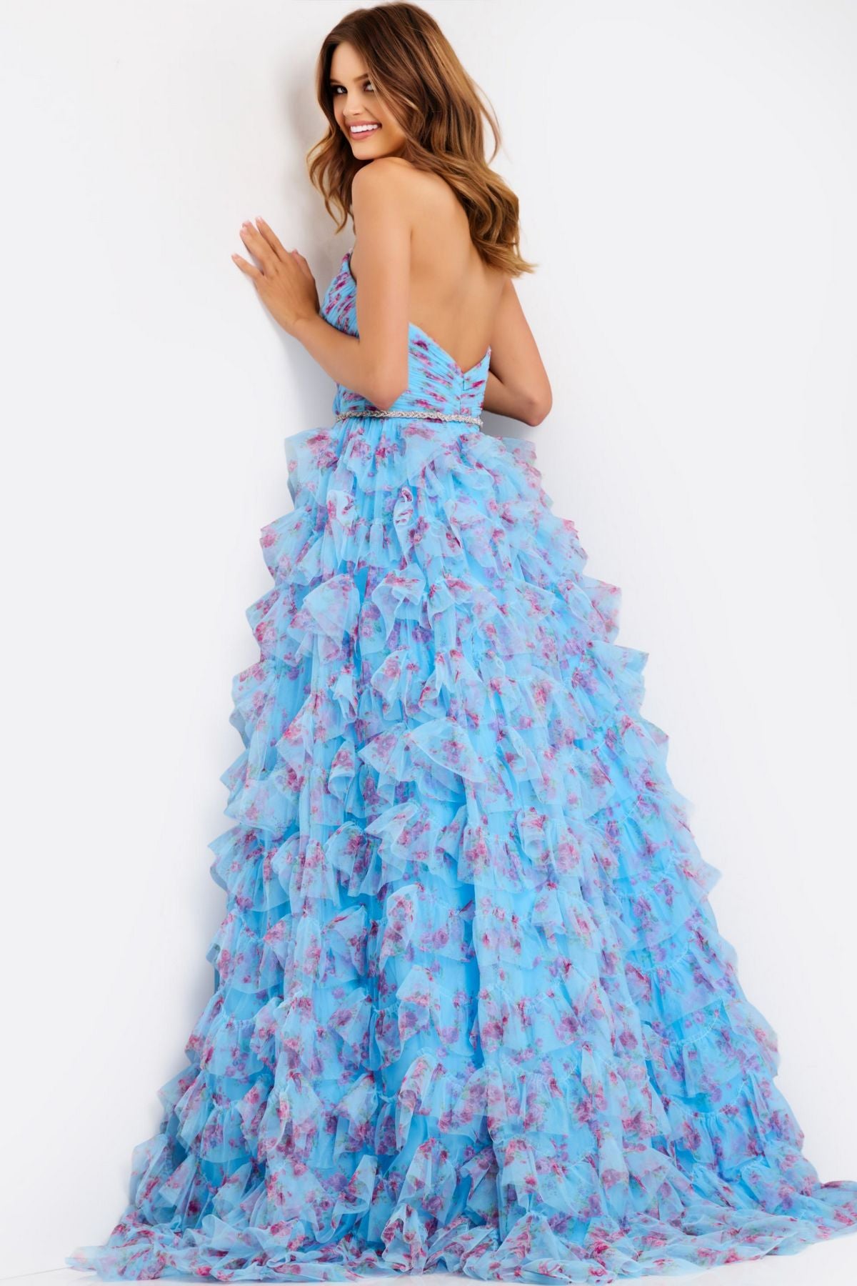 Prom Dresses Long Formal Ruffle Ball Gown Print Prom Dress Blue/Multi