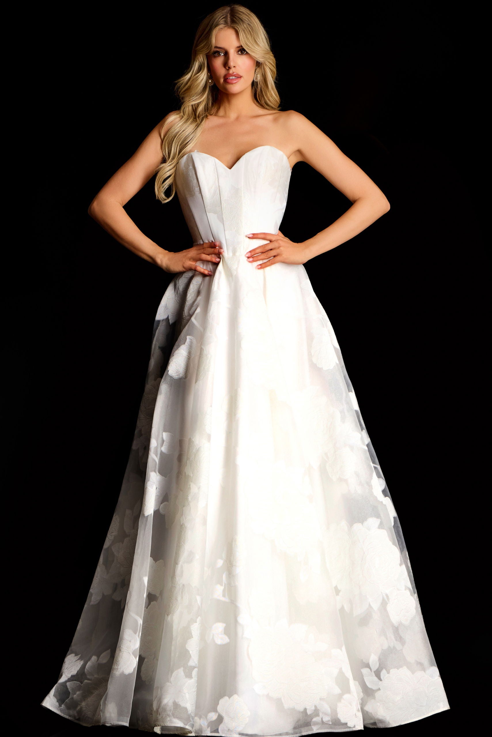 Wedding Dresses Long A Line Bridal Floral Applique Wedding Dress Jovani 47327 Off-White