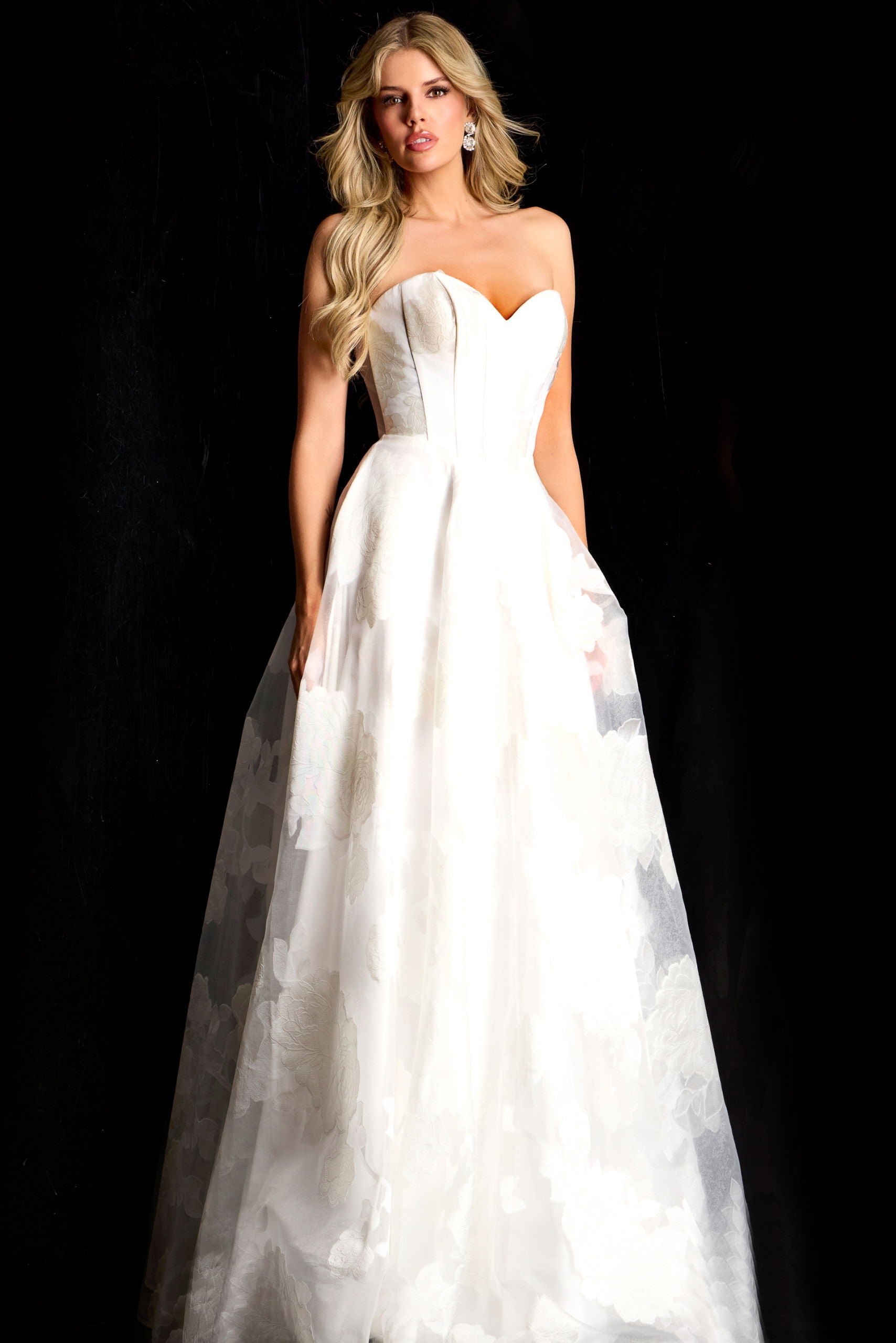 Wedding Dresses Long A Line Bridal Floral Applique Wedding Dress Jovani 47327 Off-White