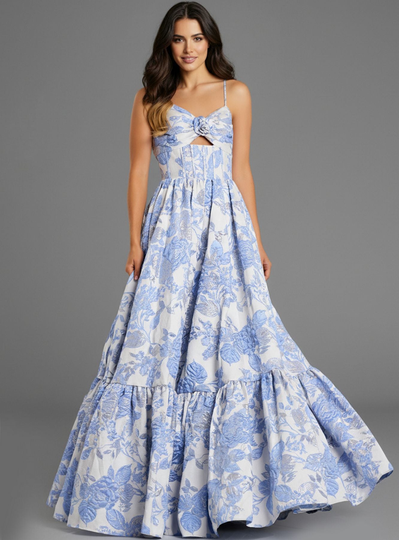 Prom Dresses Long Formal Floral Print Ball Gown Prom Dress Light Blue