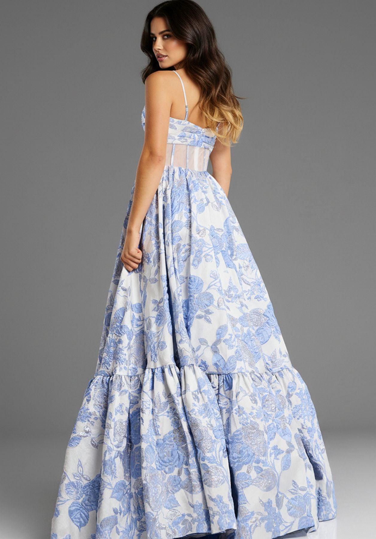 Prom Dresses Long Formal Floral Print Ball Gown Prom Dress Light Blue