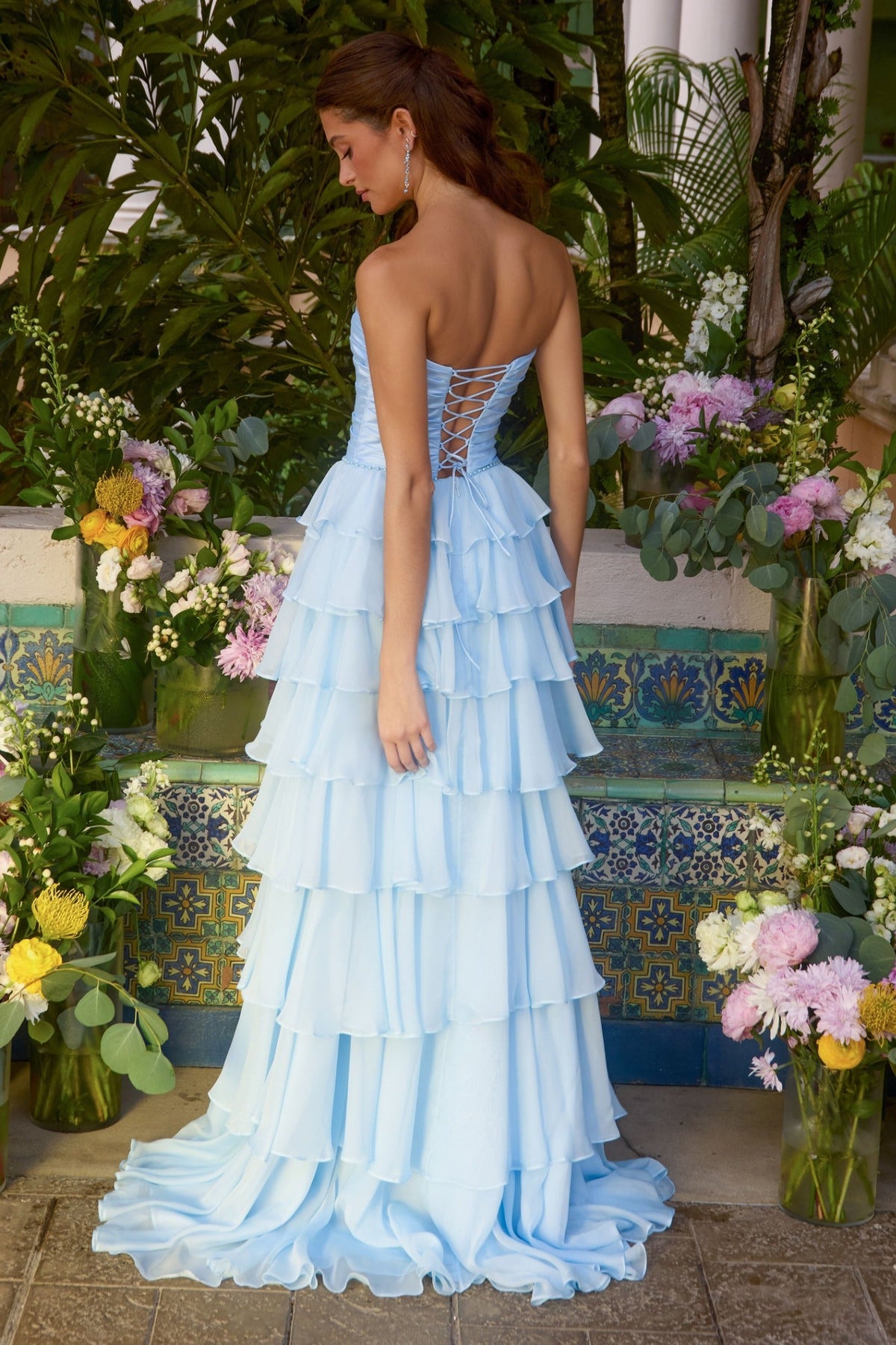 Ava Presley Strapless Layered Ruffle Long Gown with High Slit 47373