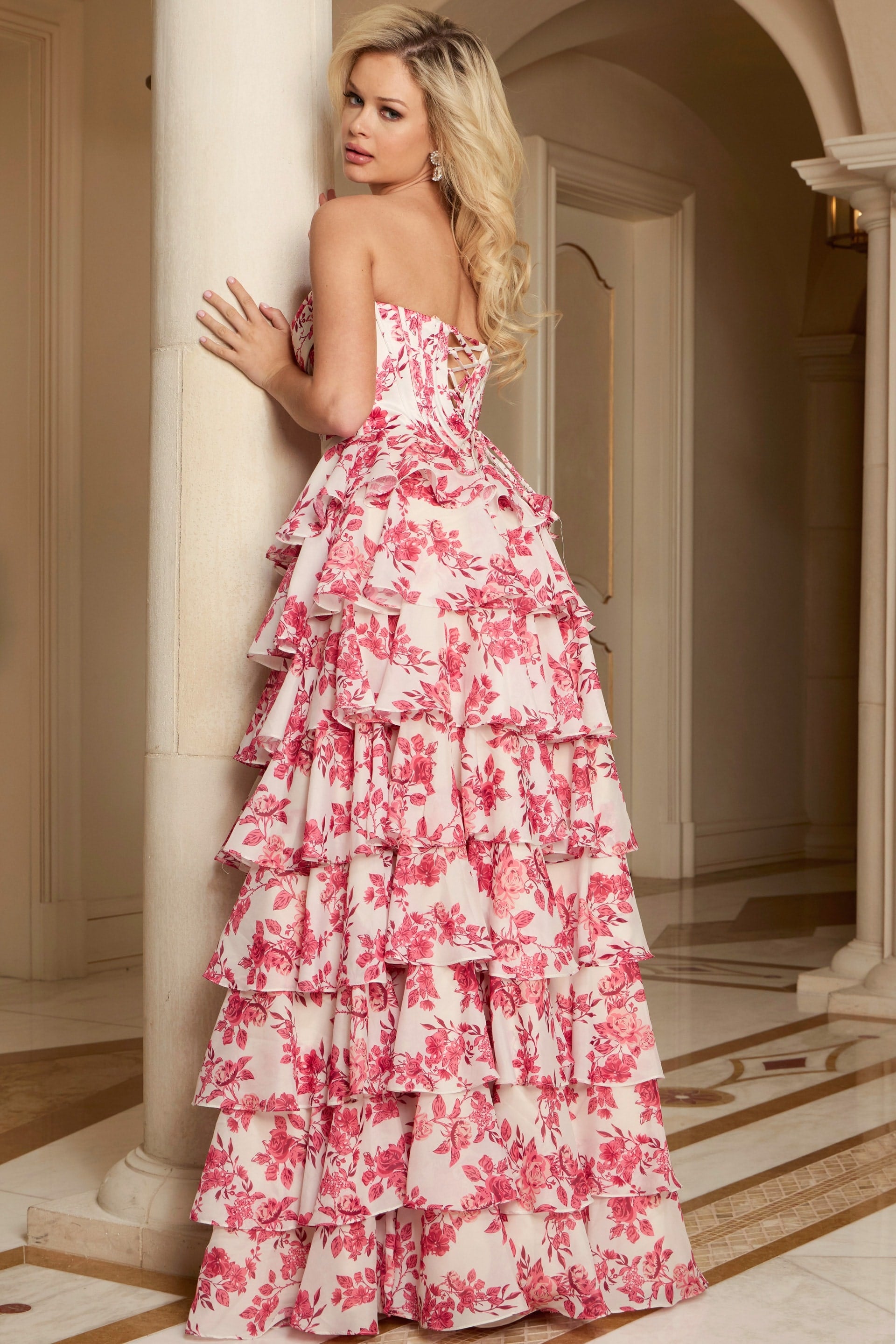Prom Dresses Corset Long Ruffle Formal Floral Prom Dress Jovani 47404 Pink