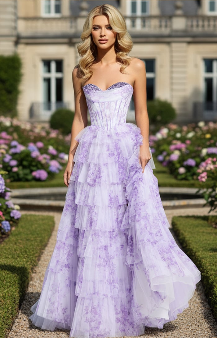 Prom Dresses Beaded Long Formal Ruffle Print A Line Prom Dress Lilac