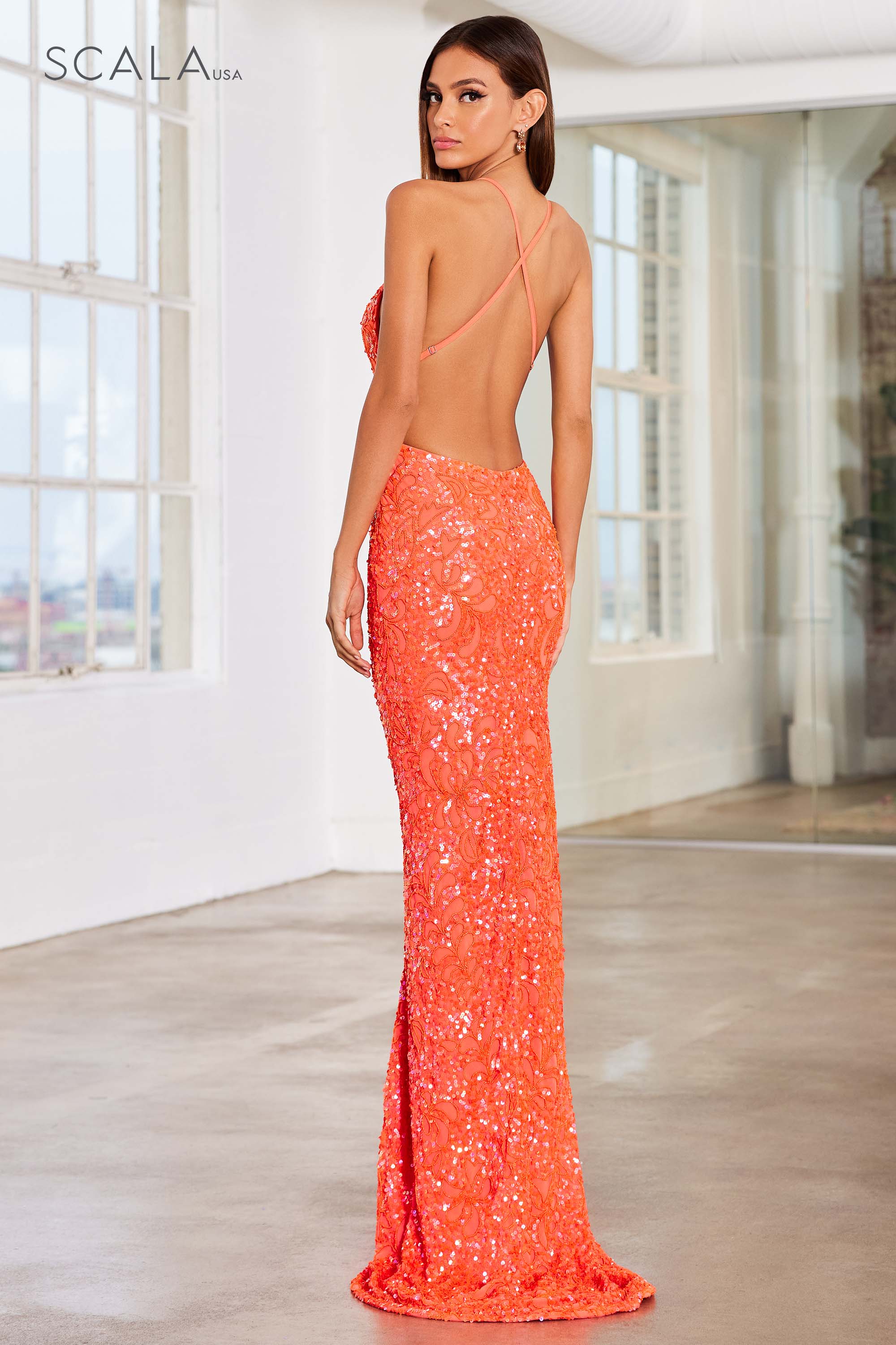 Prom Dresses Fitted Formal Long Beaded Sequin Prom Dress Orange
