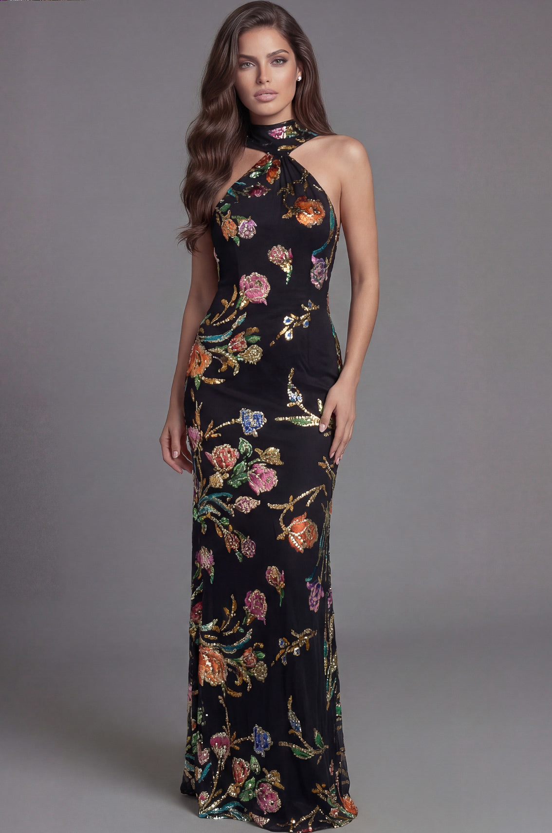 Black/Multi Halter Floor-Length Sequin Floral Formal Gown Sheath Dress Jovani 47624