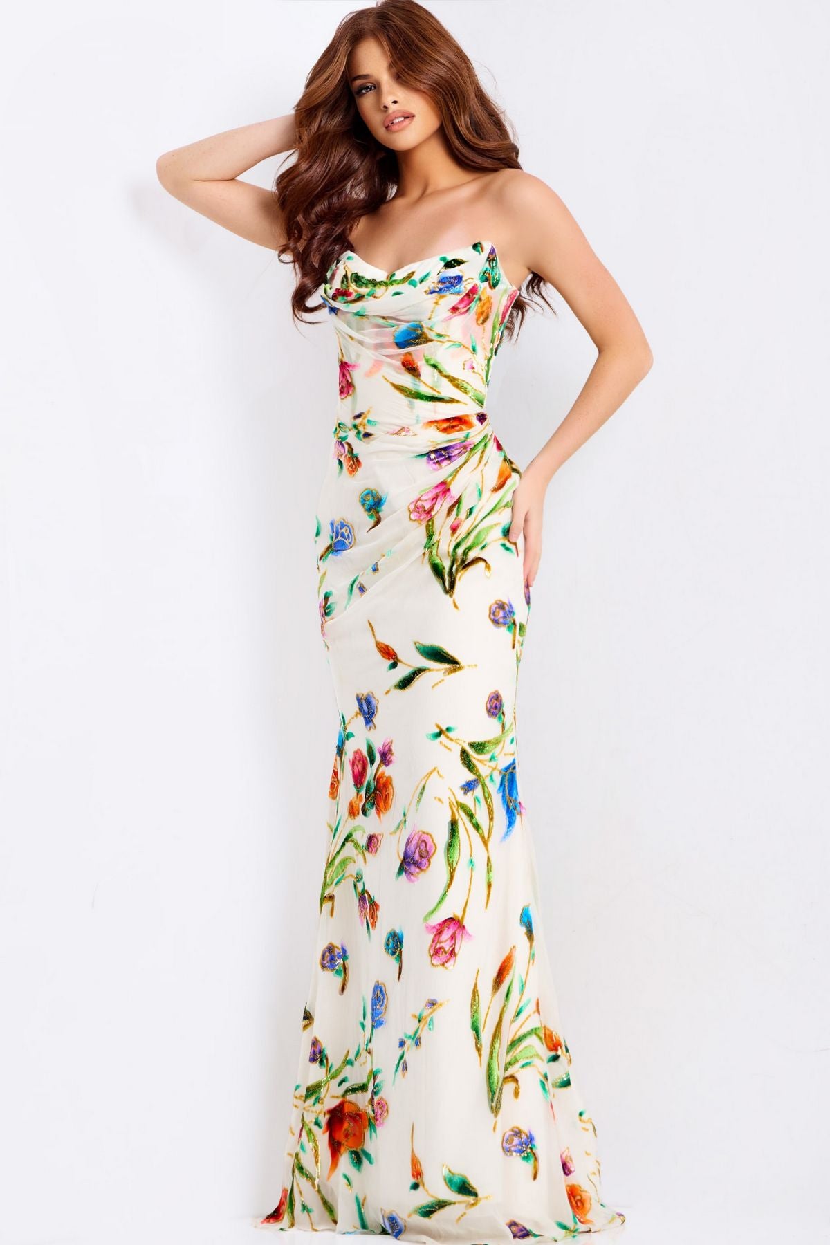 Prom Dresses Print Long Formal Fitted Floral Prom Dress Ivory/Multi